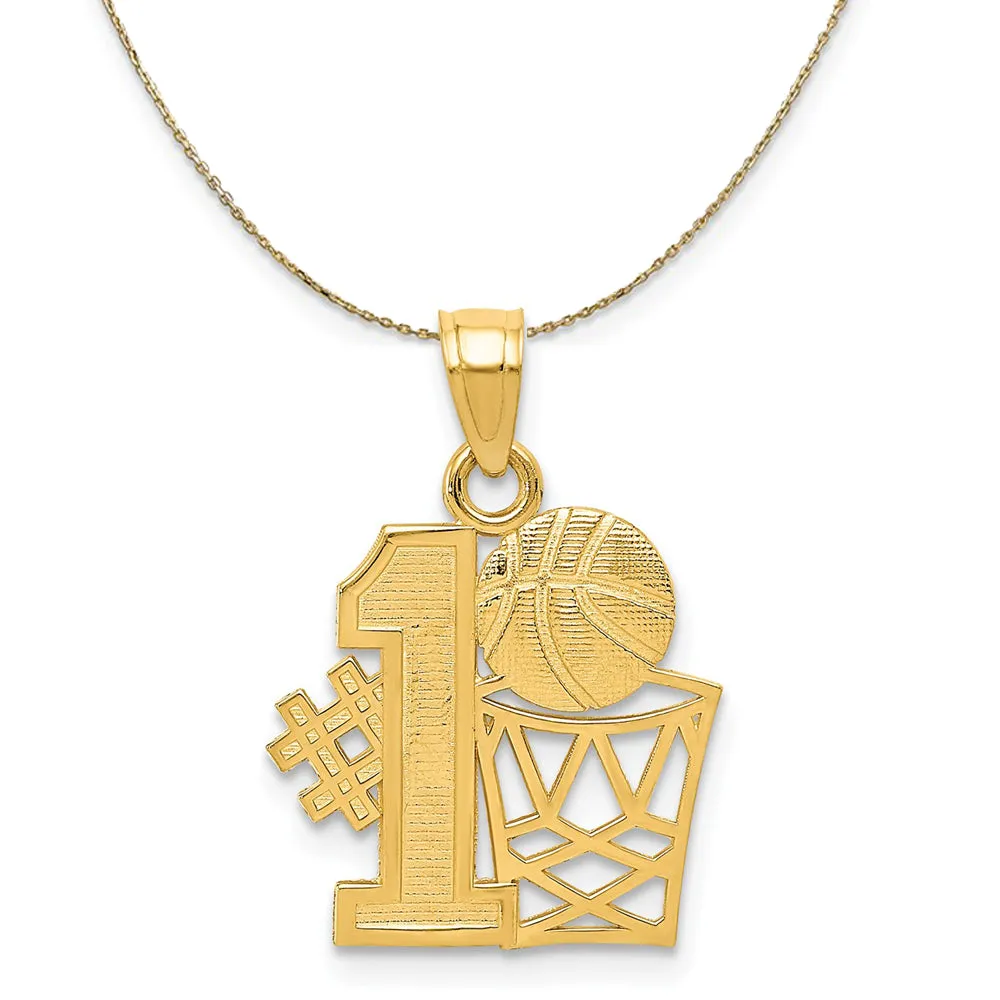 14k Yellow Gold #1 Basketball with Hoop Necklace