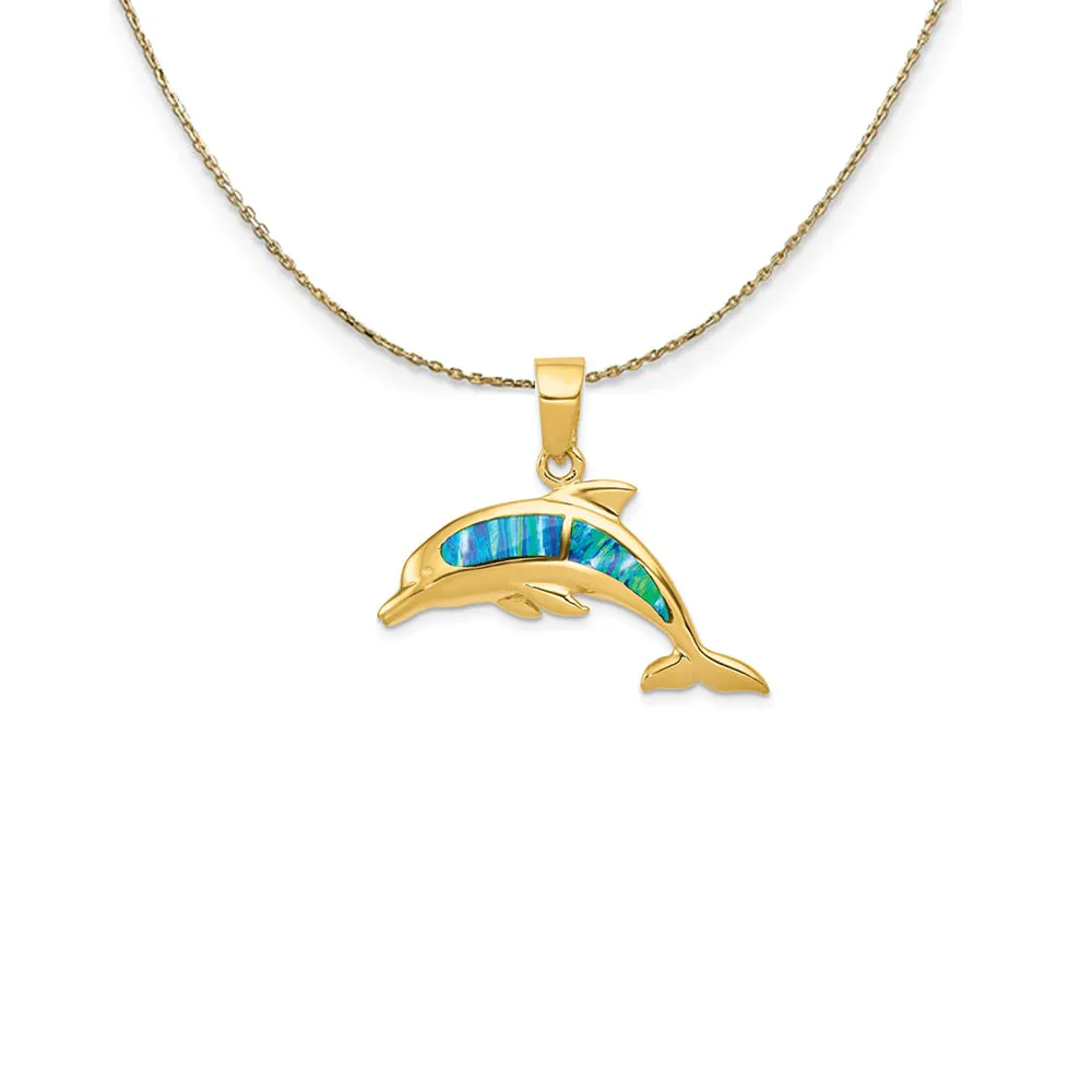 14k Yellow Gold and Imitation Opal Dolphin Necklace