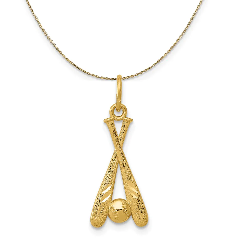 14k Yellow Gold Diamond Cut Baseball Bats and Ball Necklace