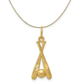 14k Yellow Gold Diamond Cut Baseball Bats and Ball Necklace