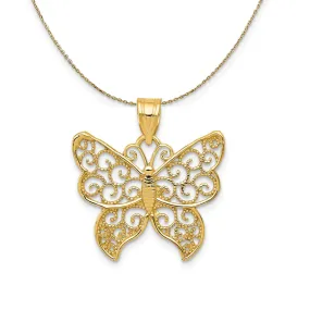 14k Yellow Gold Textured Filigree Butterfly Necklace