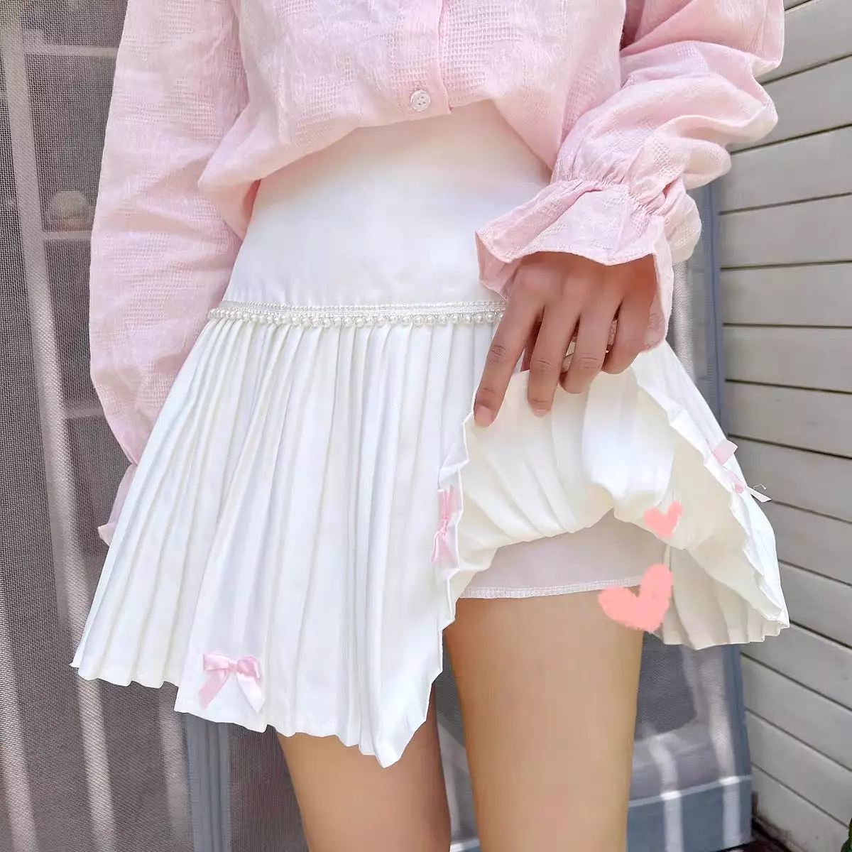 2023 New Japanese cute Bow pearl high waist skirt BY9155