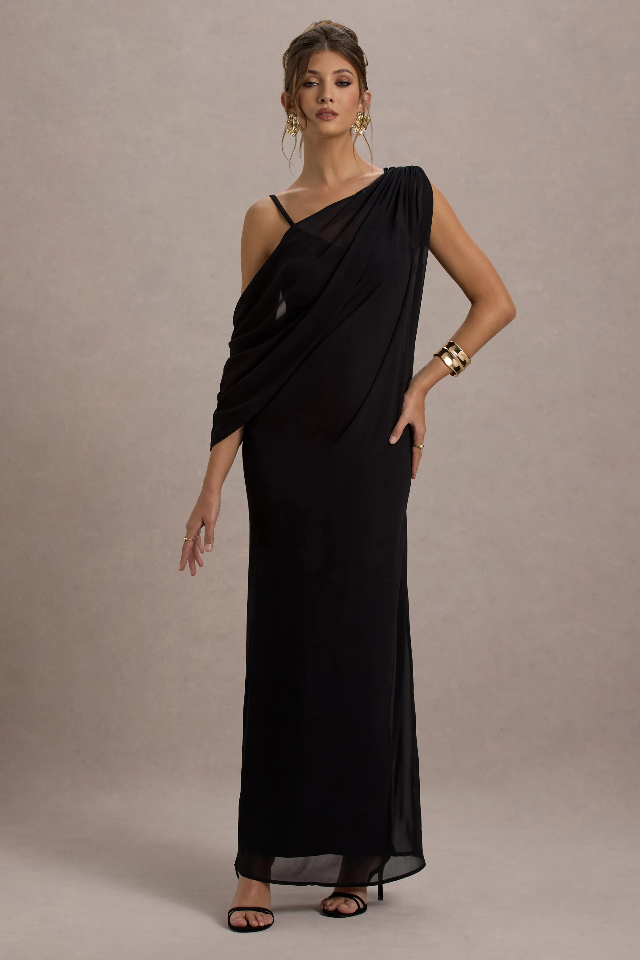 Aeliana | Black Strappy V-Neck Maxi Dress With Chiffon Sash