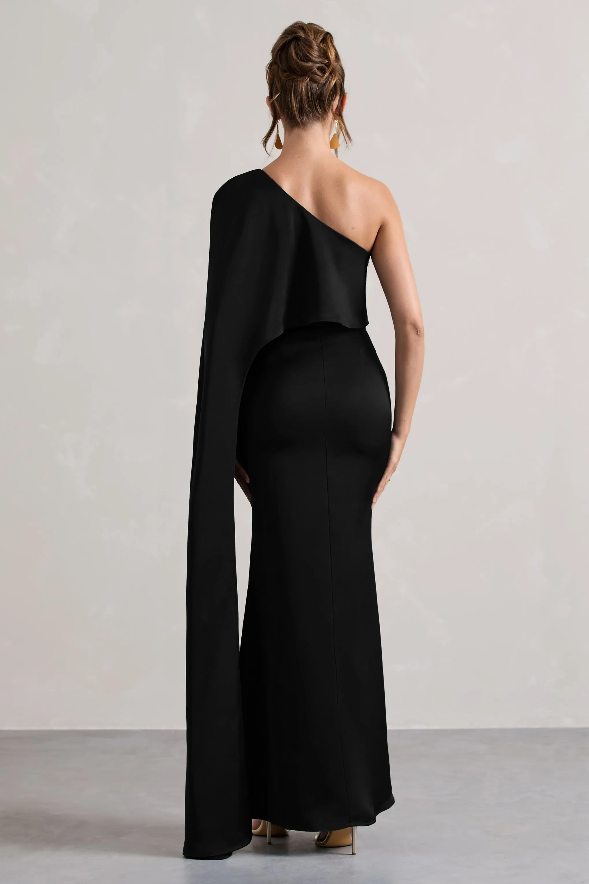 Amora | Black Satin Asymmetric Cape-Sleeve Split Maxi Dress