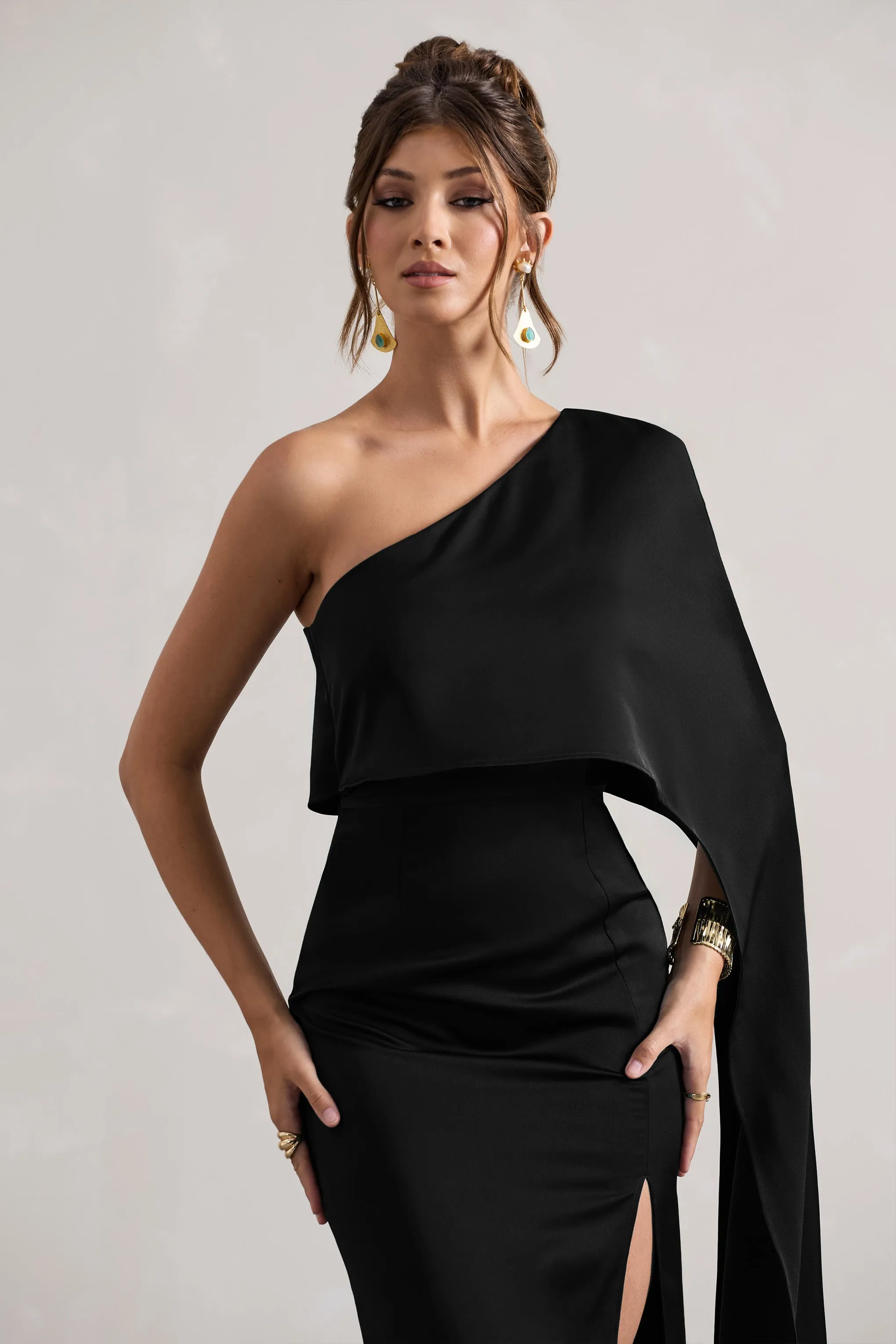 Amora | Black Satin Asymmetric Cape-Sleeve Split Maxi Dress