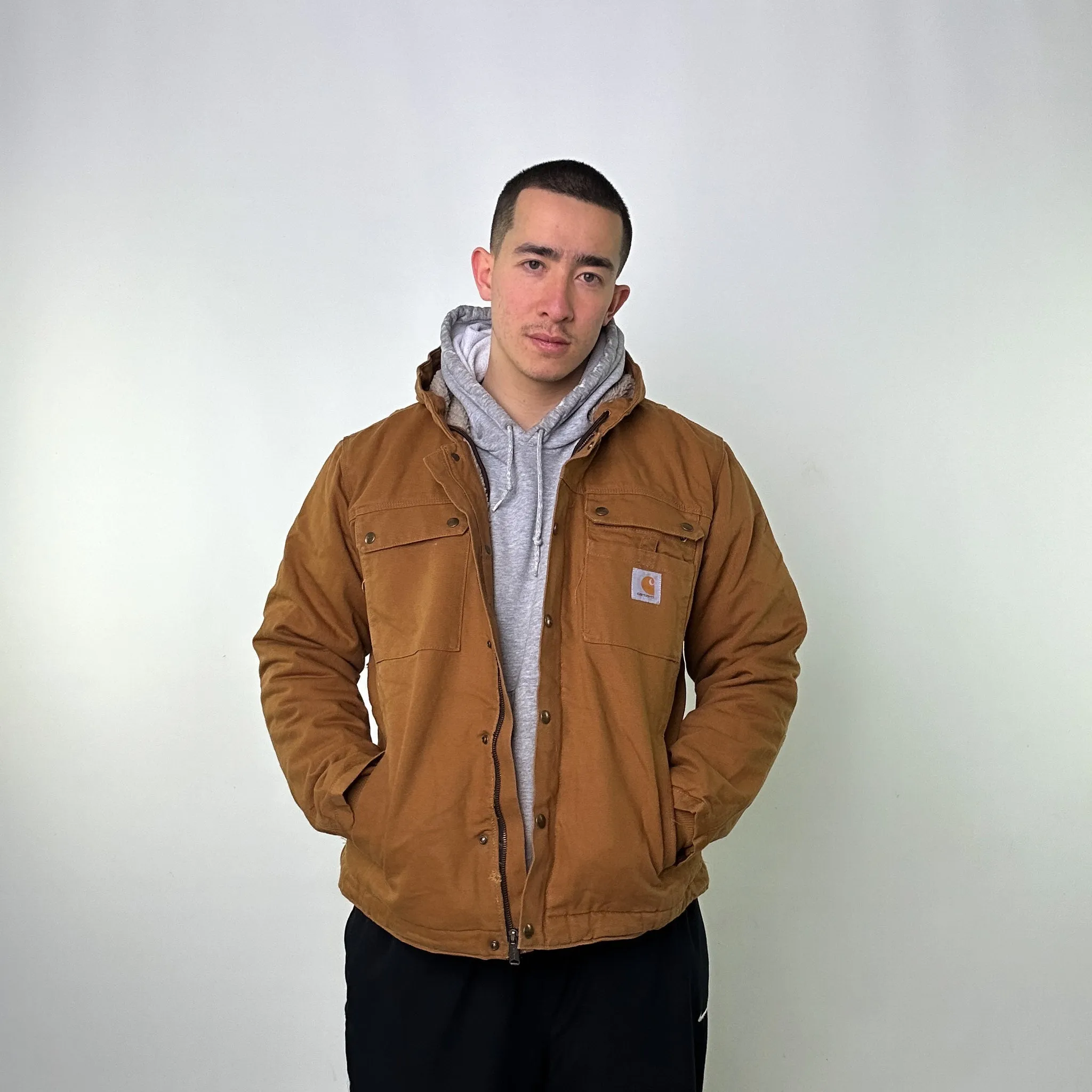 Beige Tan Vintage Carhartt Fleece Lined Active Deadstock Workwear Jacket Coat (L)