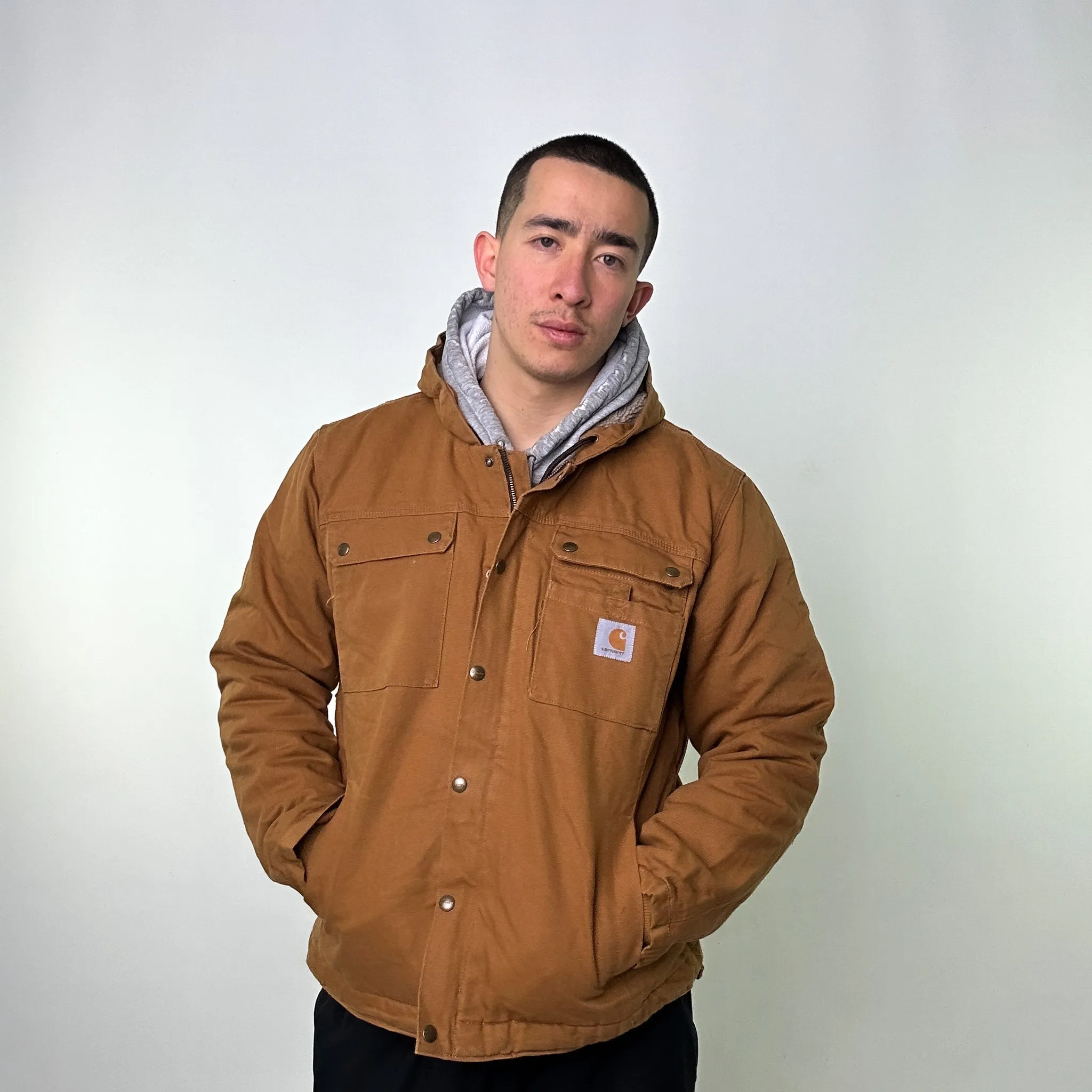 Beige Tan Vintage Carhartt Fleece Lined Active Deadstock Workwear Jacket Coat (L)