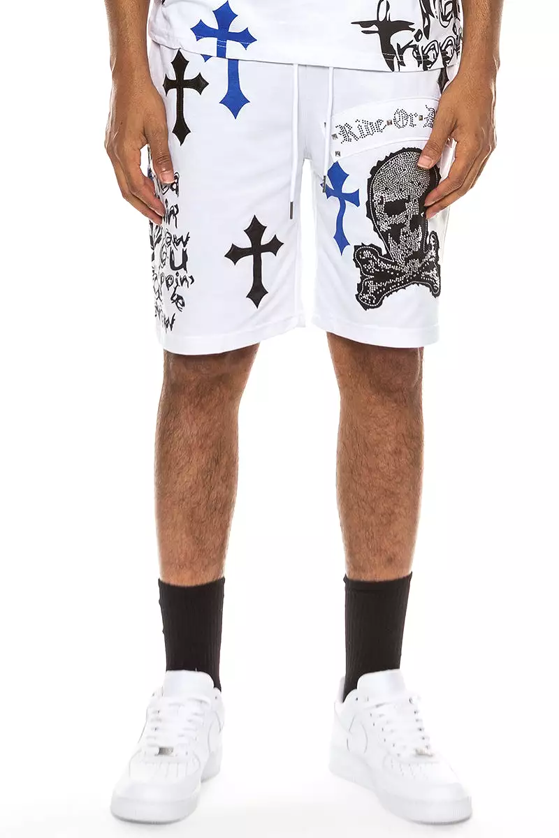 Bejewelled Chrome Skull Shorts