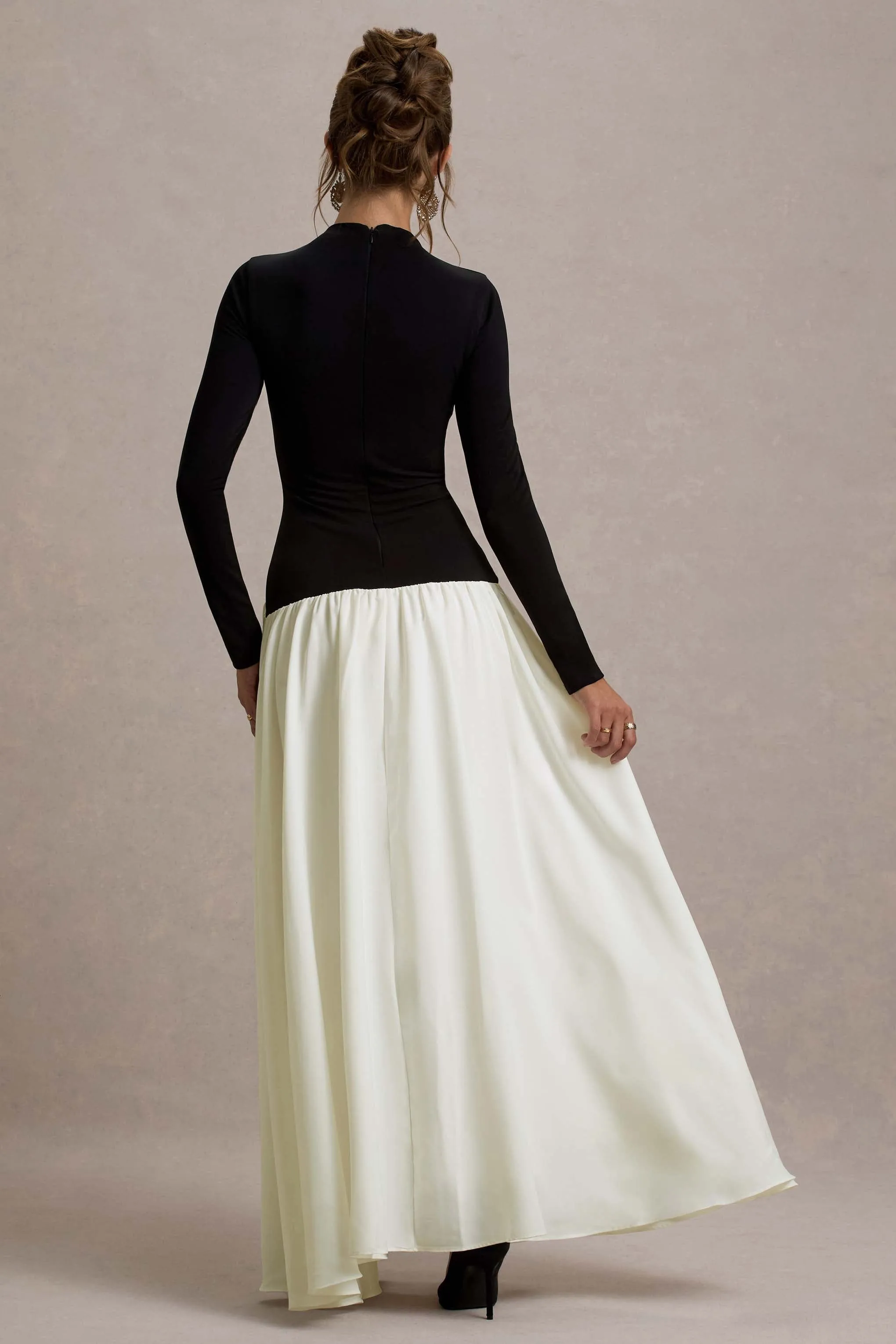 Benedetta | Black & Cream Long-Sleeve Drop-Waist Maxi Dress