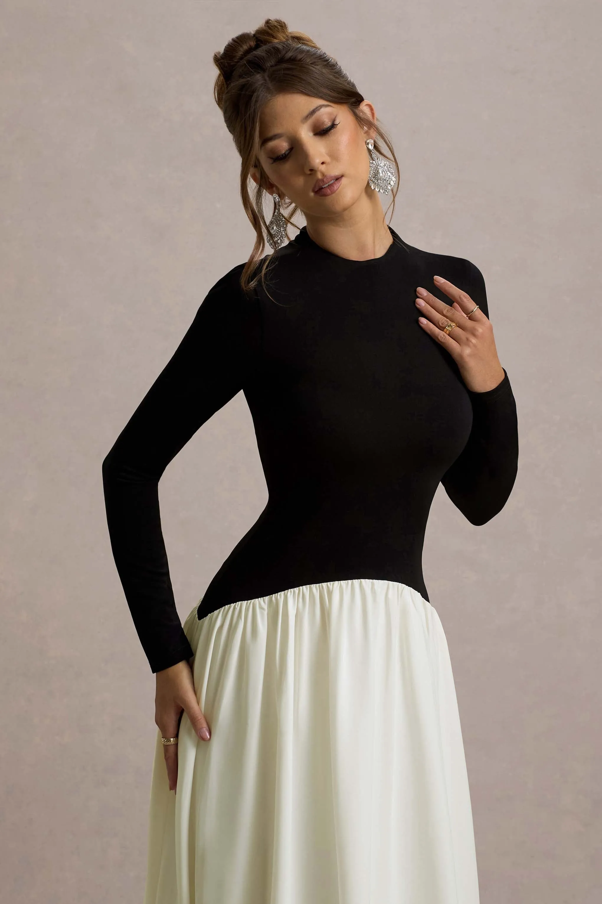 Benedetta | Black & Cream Long-Sleeve Drop-Waist Maxi Dress