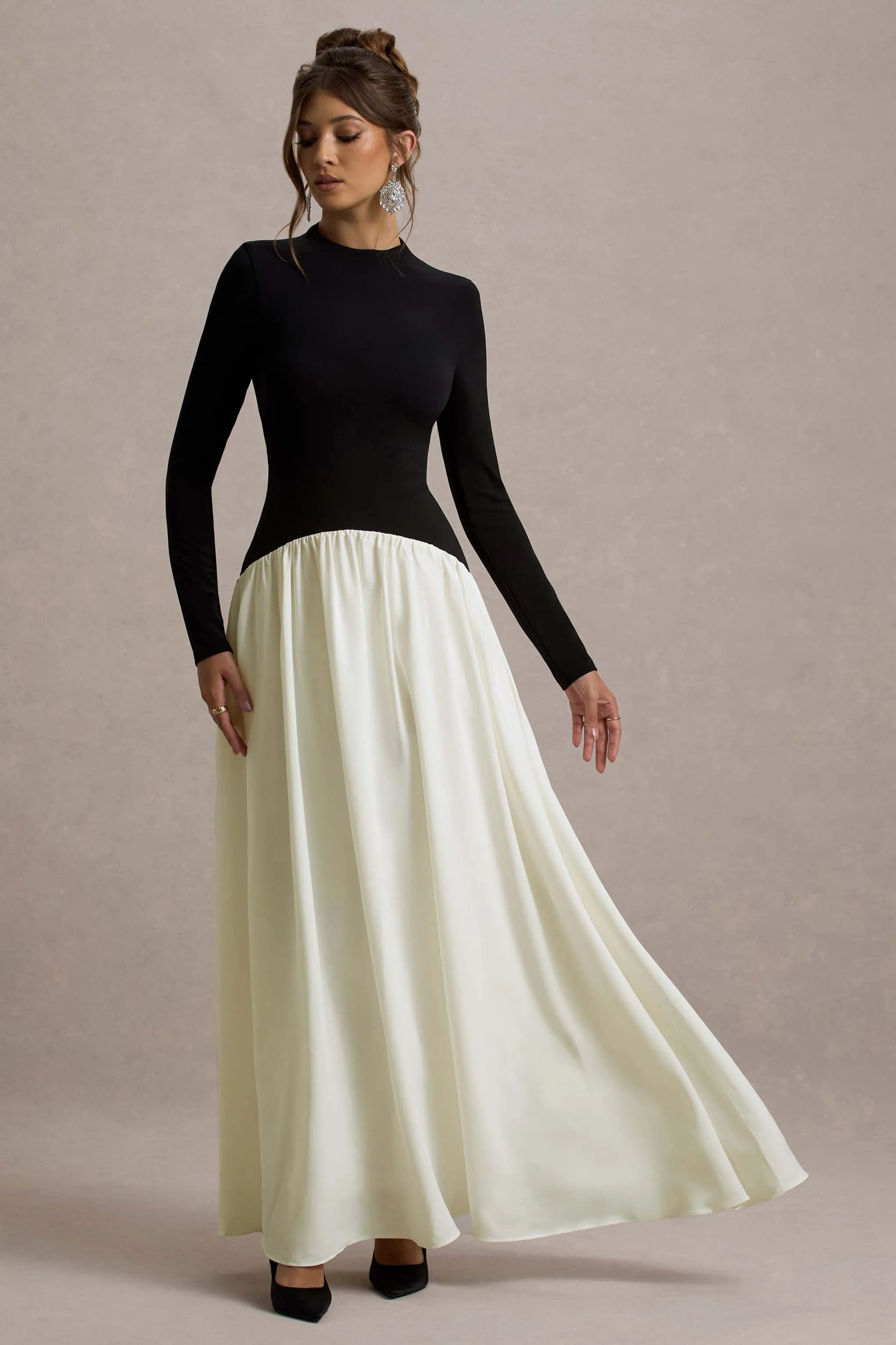 Benedetta | Black & Cream Long-Sleeve Drop-Waist Maxi Dress