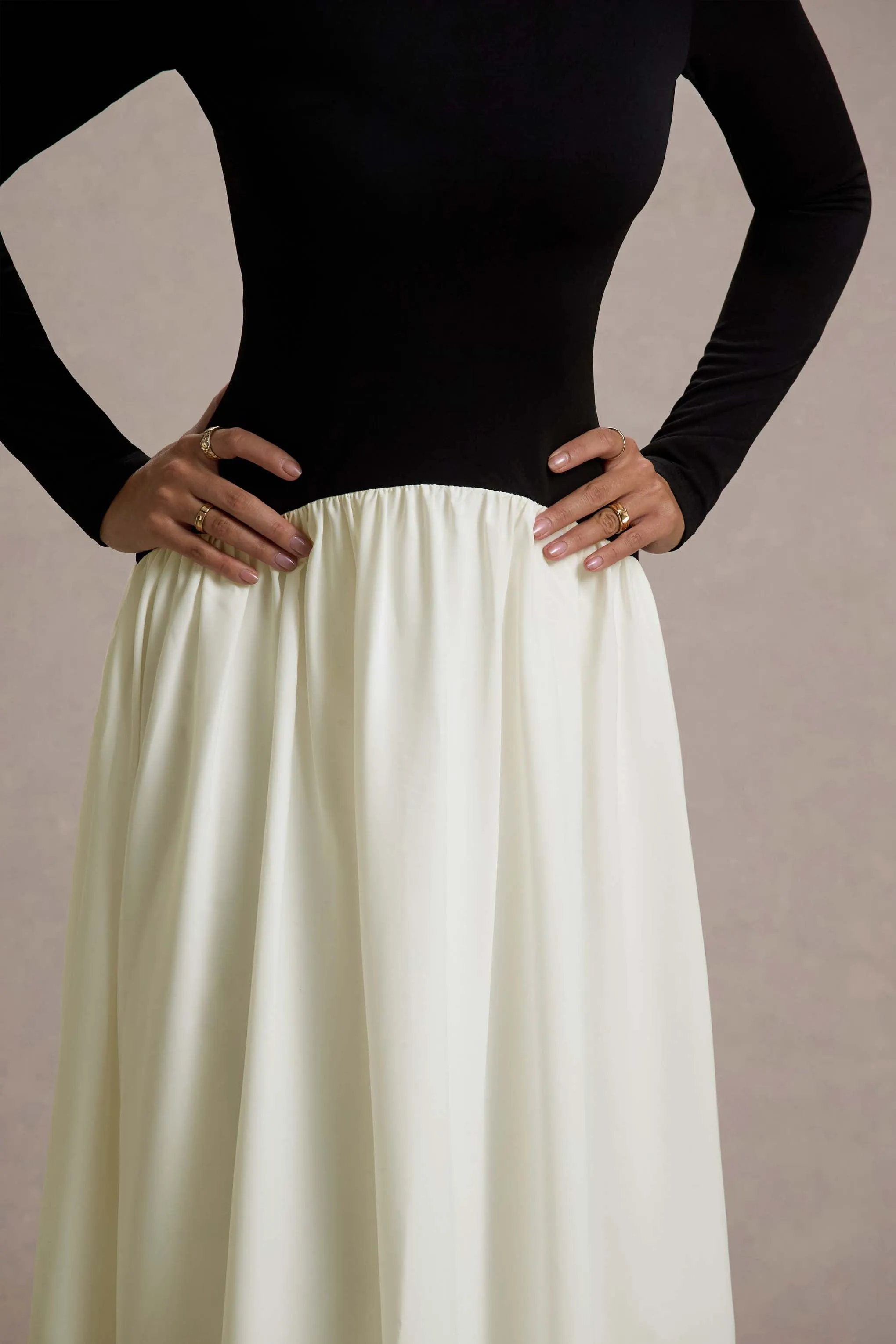 Benedetta | Black & Cream Long-Sleeve Drop-Waist Maxi Dress