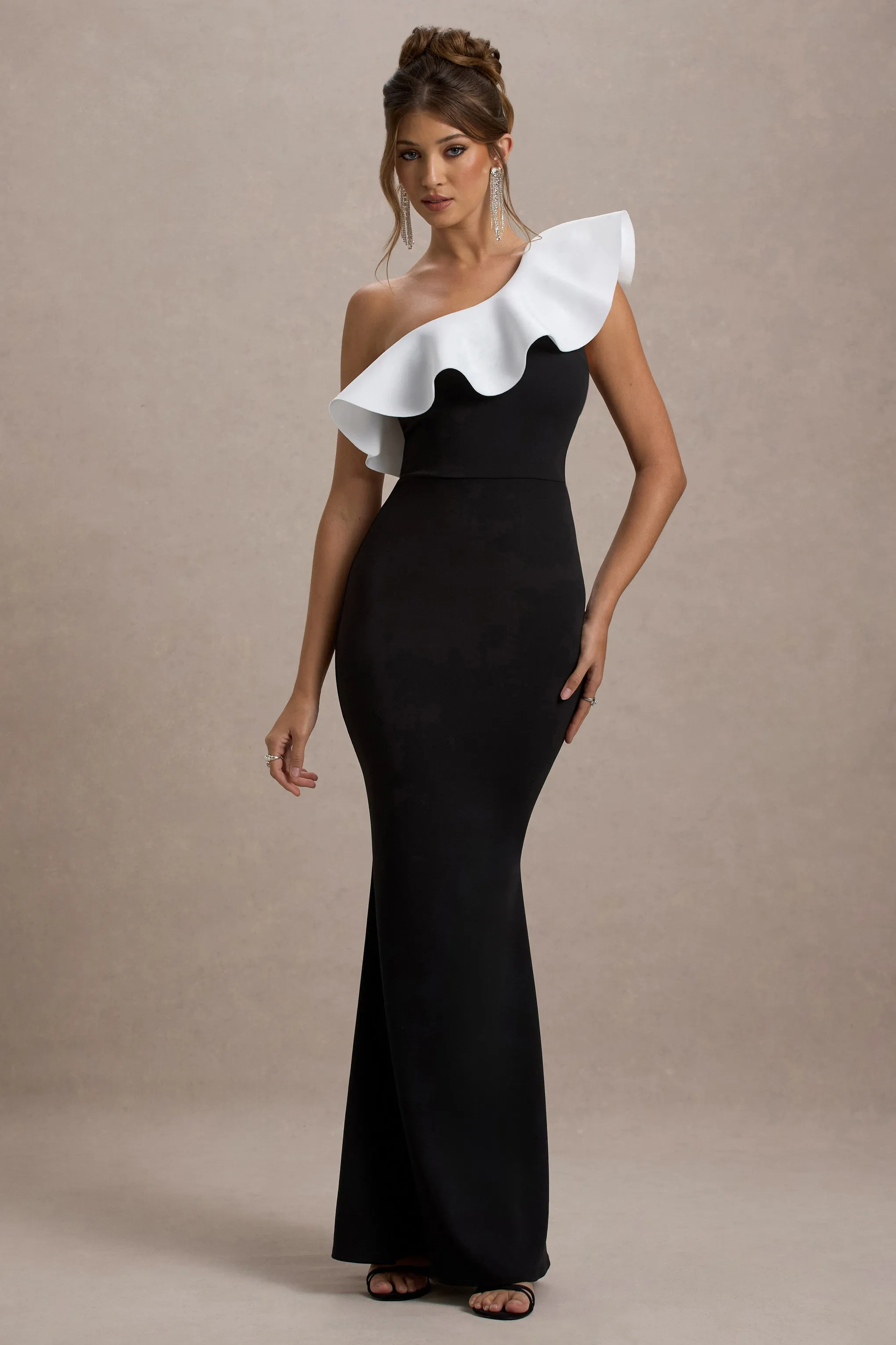 Berkley | Black & White Ruffled One-Shoulder Maxi Dress