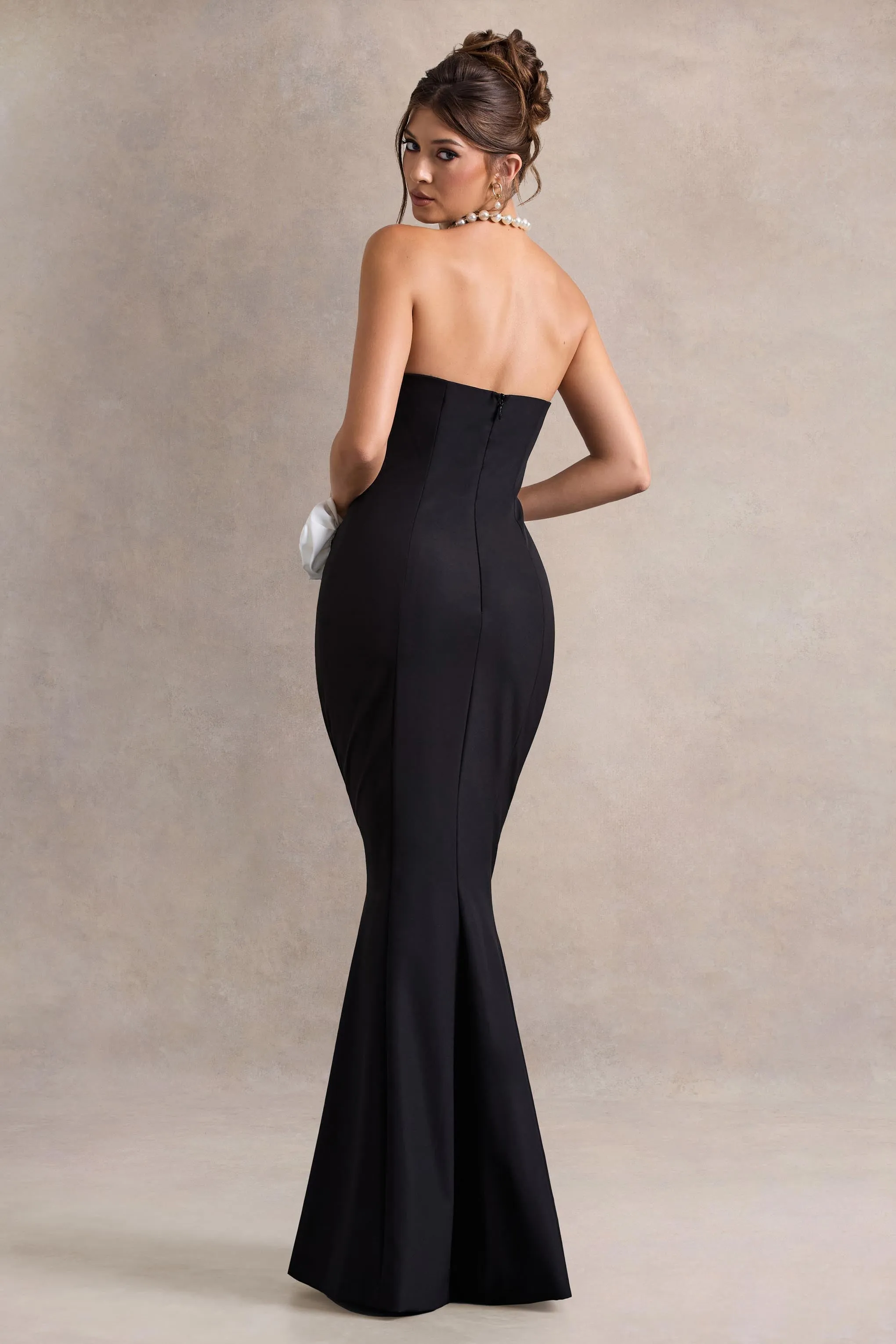 Best Of The Best | Black Strapless Fishtail Maxi Dress With Corsages