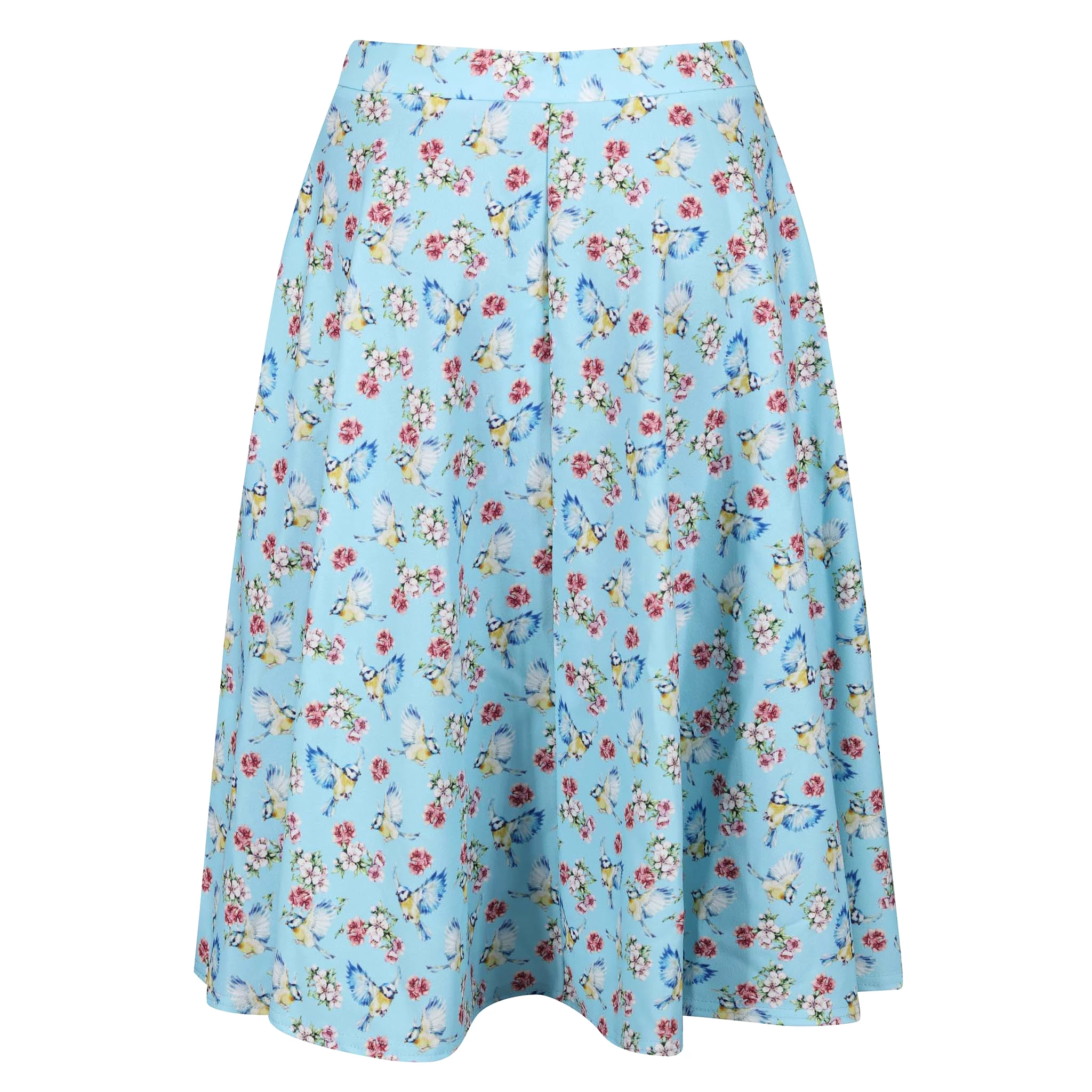 Blue Bird Floral Print 1950s Vintage Rockabilly Swing Skirt