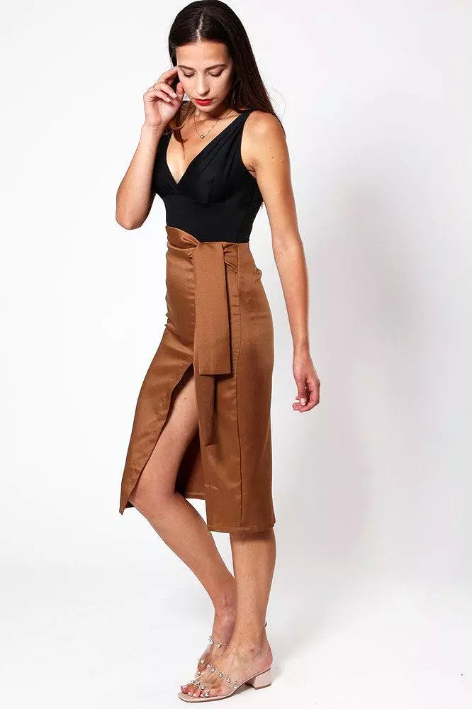 Brown Belted Slit Pencil Skirt