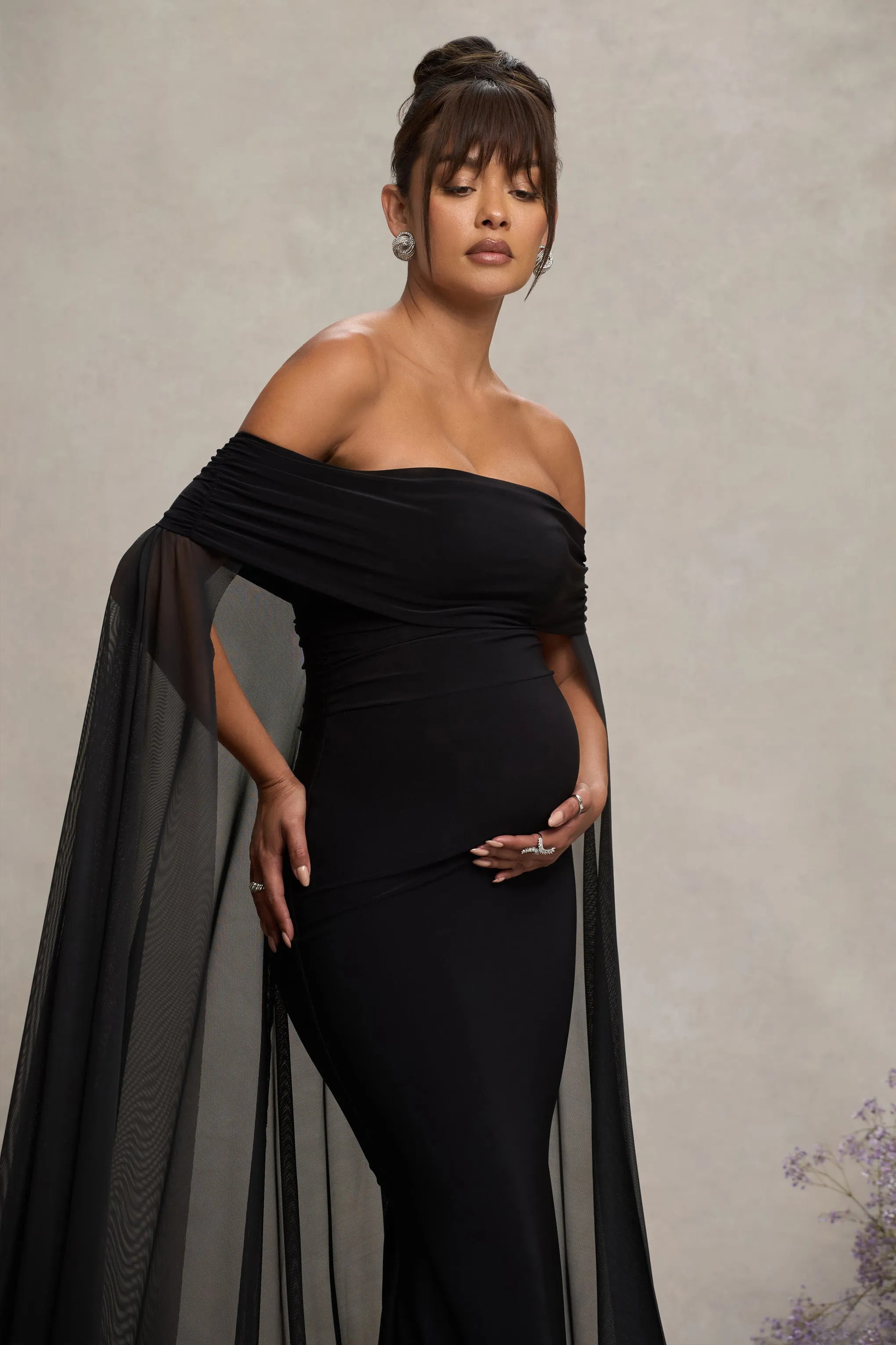 Carlotta | Black Bardot Maternity Maxi Dress With Chiffon Cape