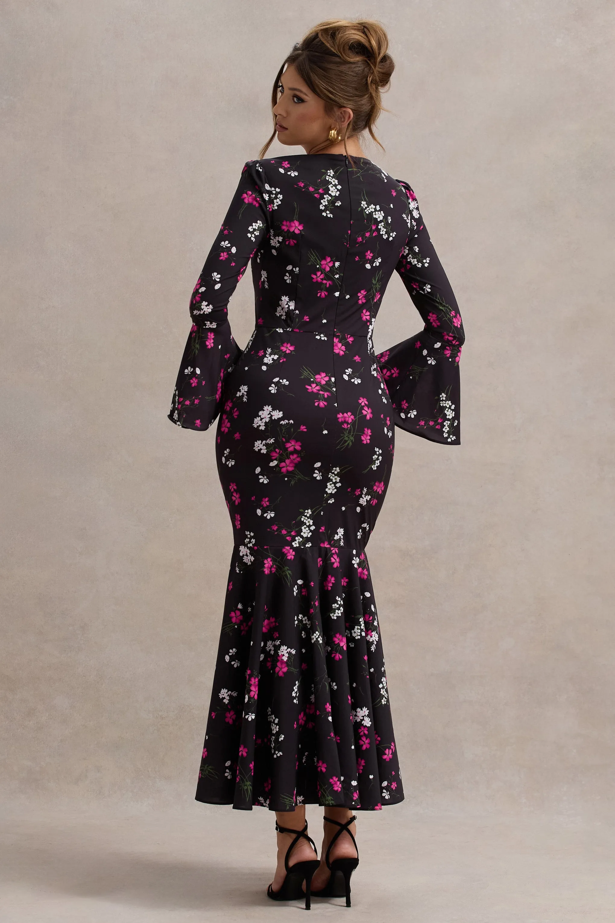 Catalonia | Black Ditsy Floral Print Chiffon Long-Sleeve Split Maxi Dress