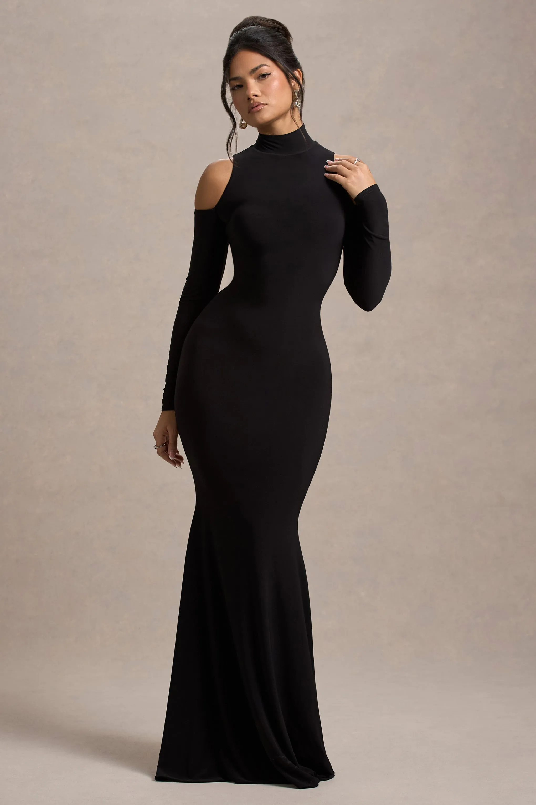 Catarina | Black Turtle-Neck Long-Sleeve Maxi Dress With Cold Shoulders