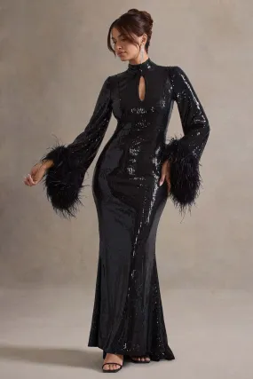 Cosmic Star | Black Sequin High-Neck Maxi Dress With Feather Cuffs