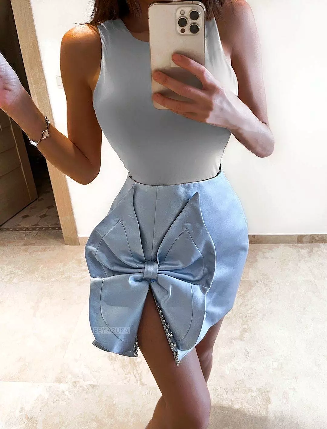 Crystal Bow Trimmed Mini Skirt