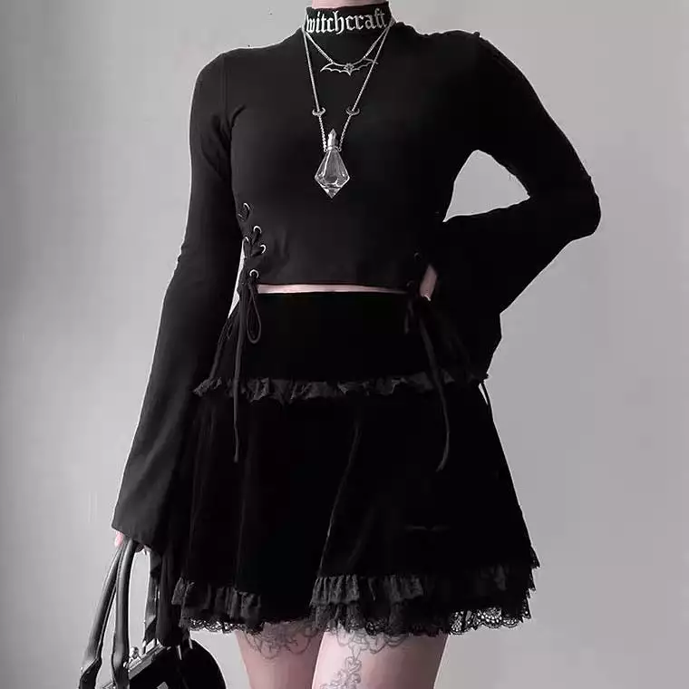 DARK FASHION EMBROIDERY LACE SUEDE SKIRT BY70181