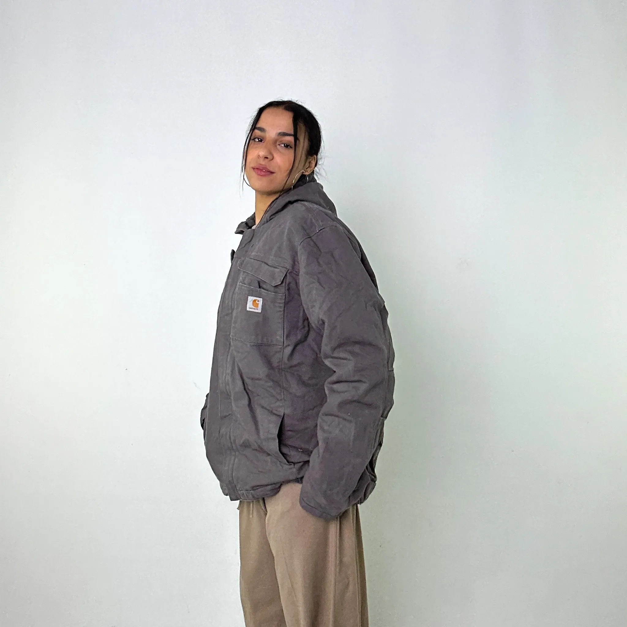 Dark Grey Vintage Carhartt Sherpa Lined Hooded Arctic Deadstock Workwear Jacket Coat (L)