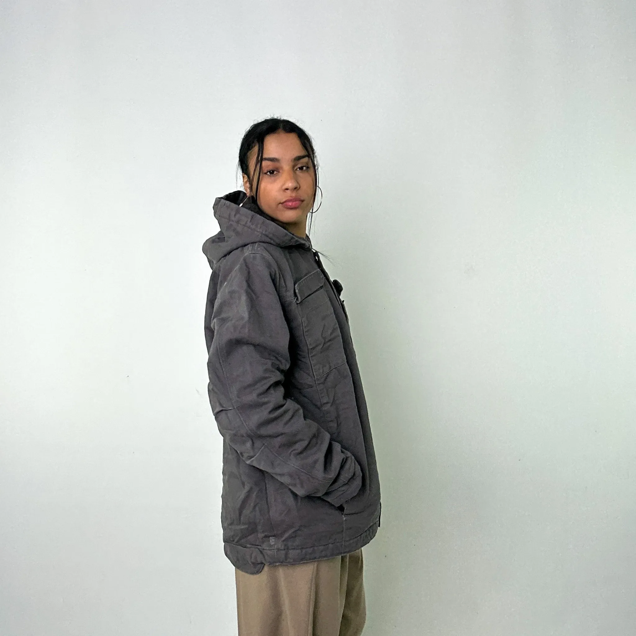 Dark Grey Vintage Carhartt Sherpa Lined Hooded Arctic Deadstock Workwear Jacket Coat (L)