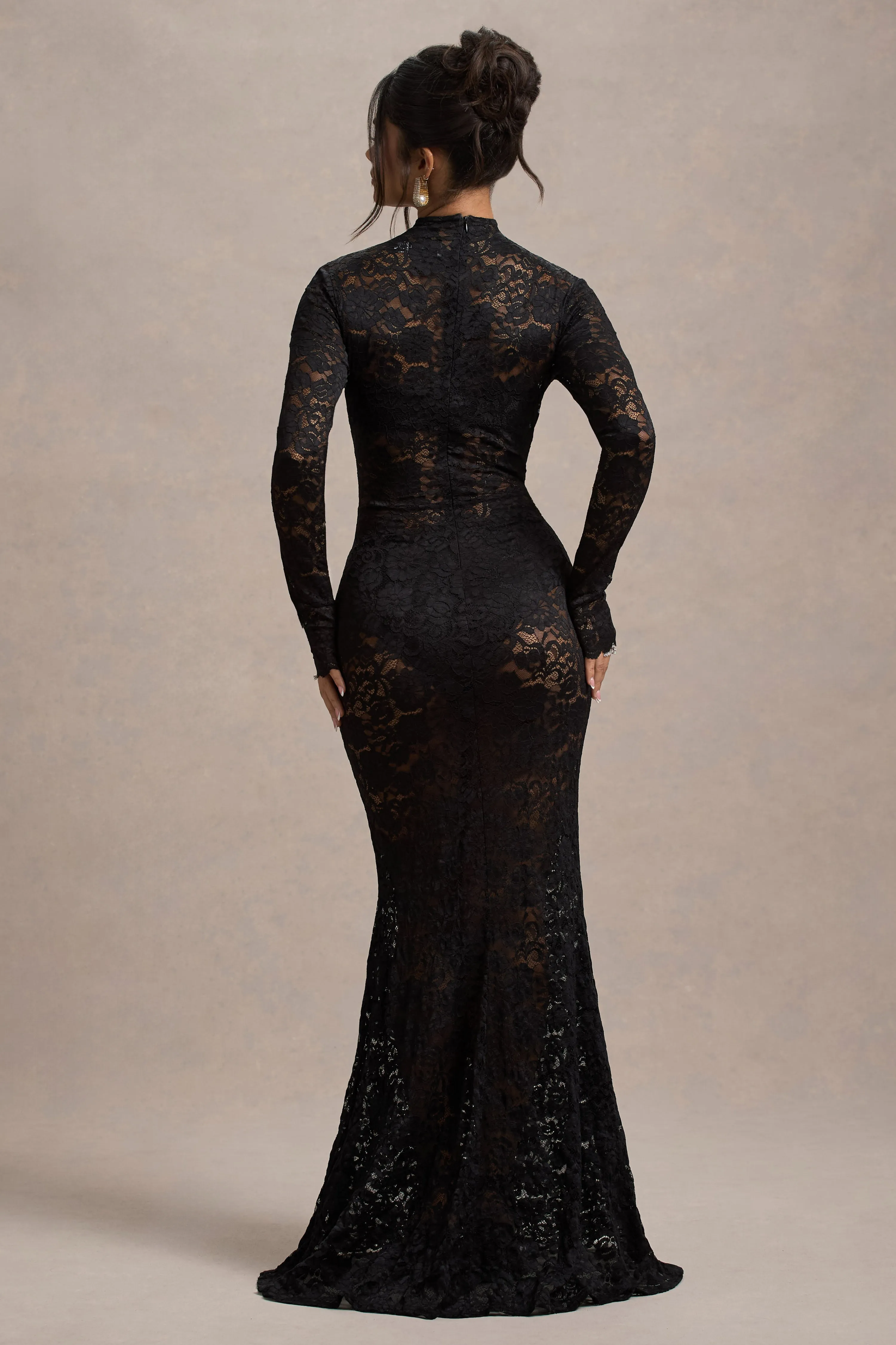 Delevingne | Black Lace Sheer Long-Sleeve Maxi Dress