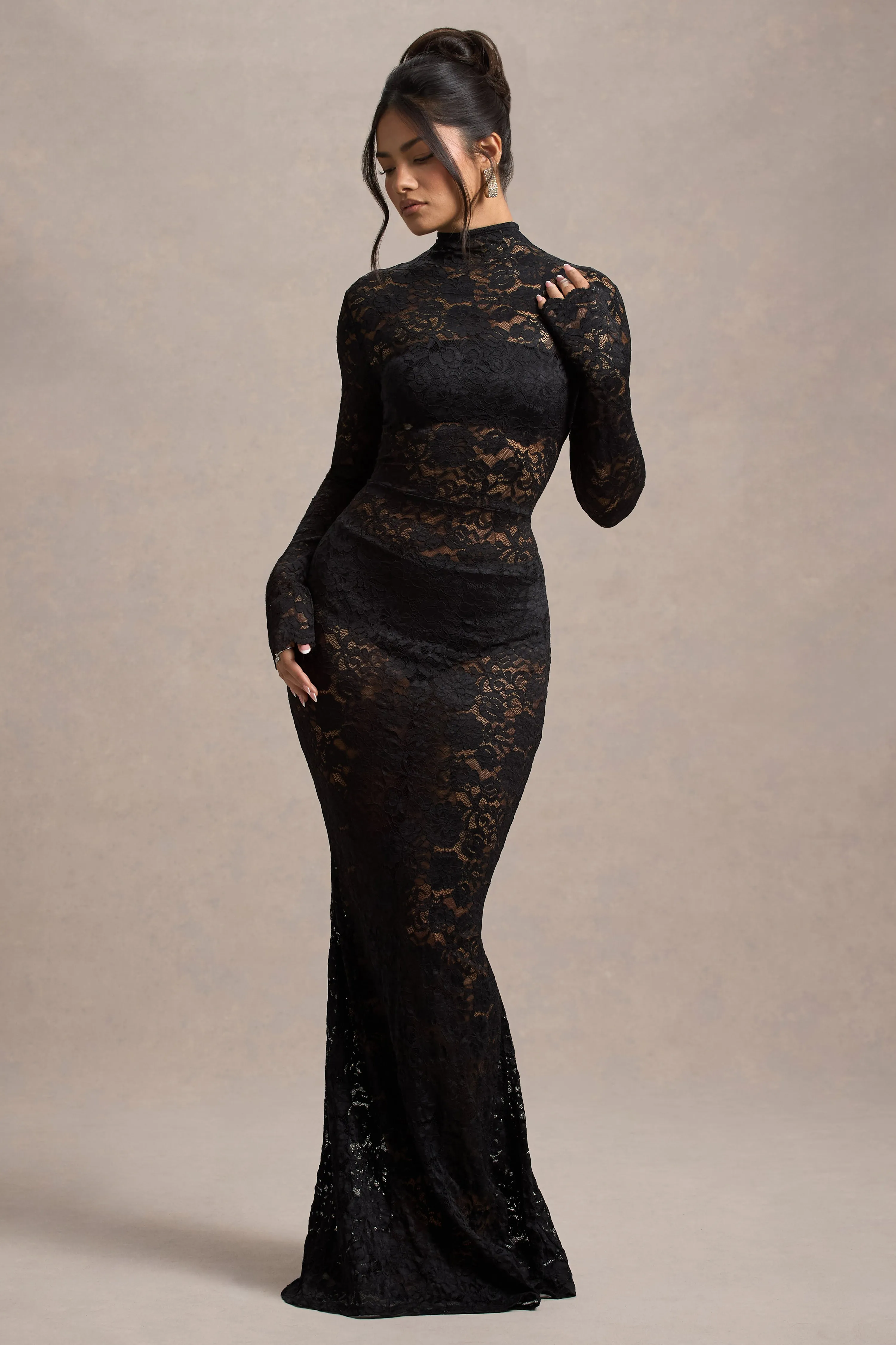 Delevingne | Black Lace Sheer Long-Sleeve Maxi Dress