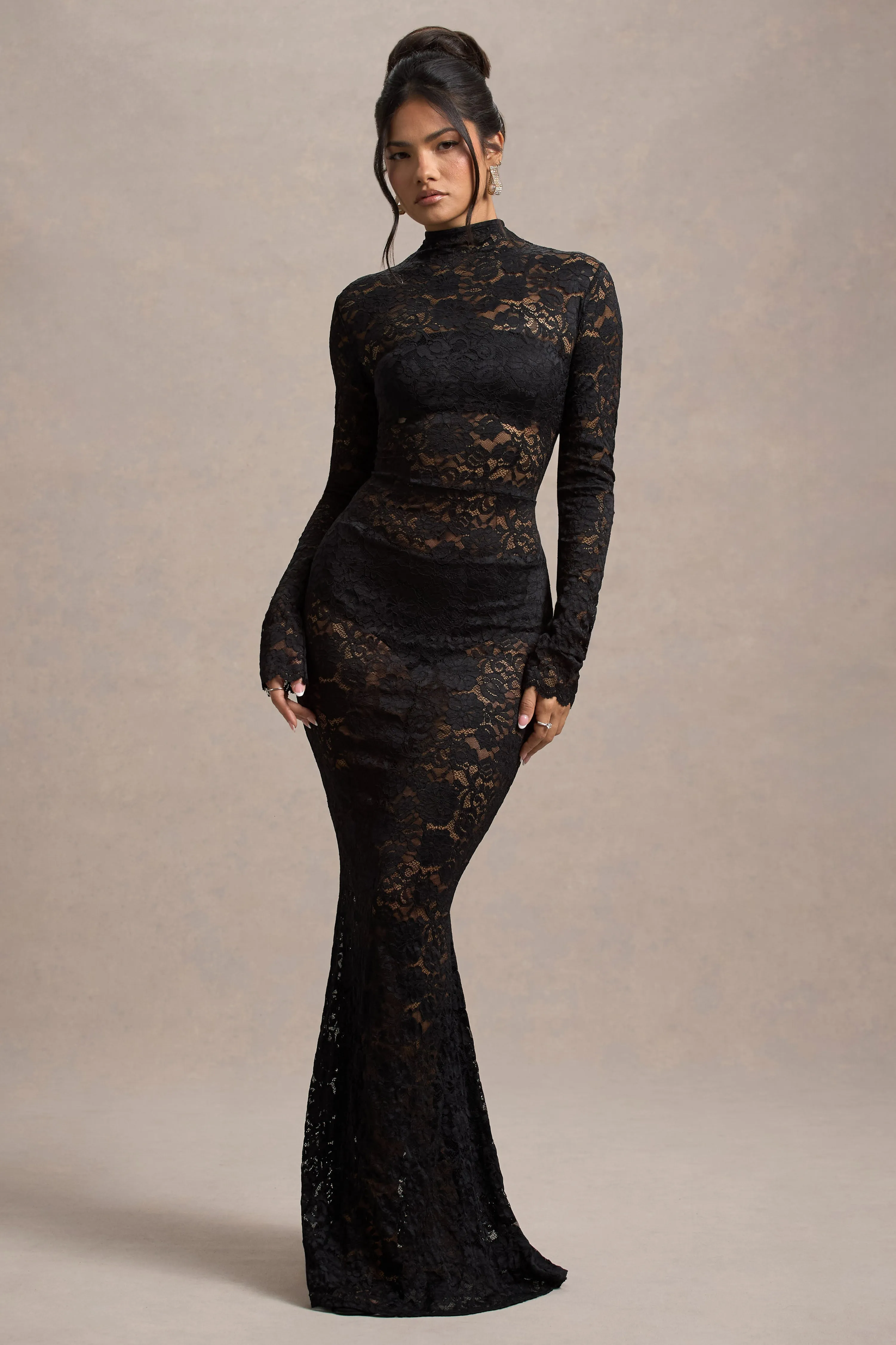 Delevingne | Black Lace Sheer Long-Sleeve Maxi Dress