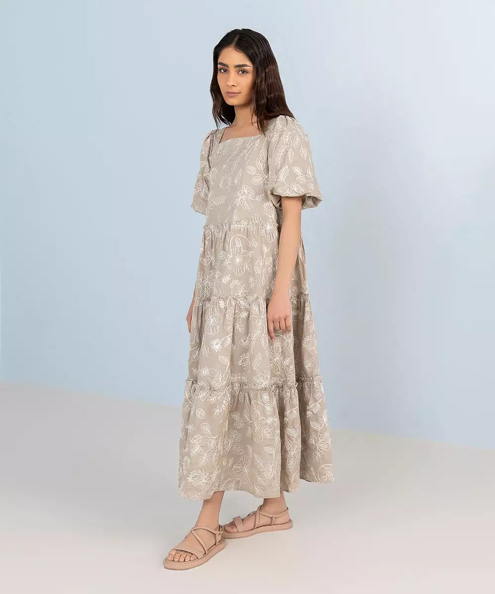 Embroidered Square Neck Cotton Dress