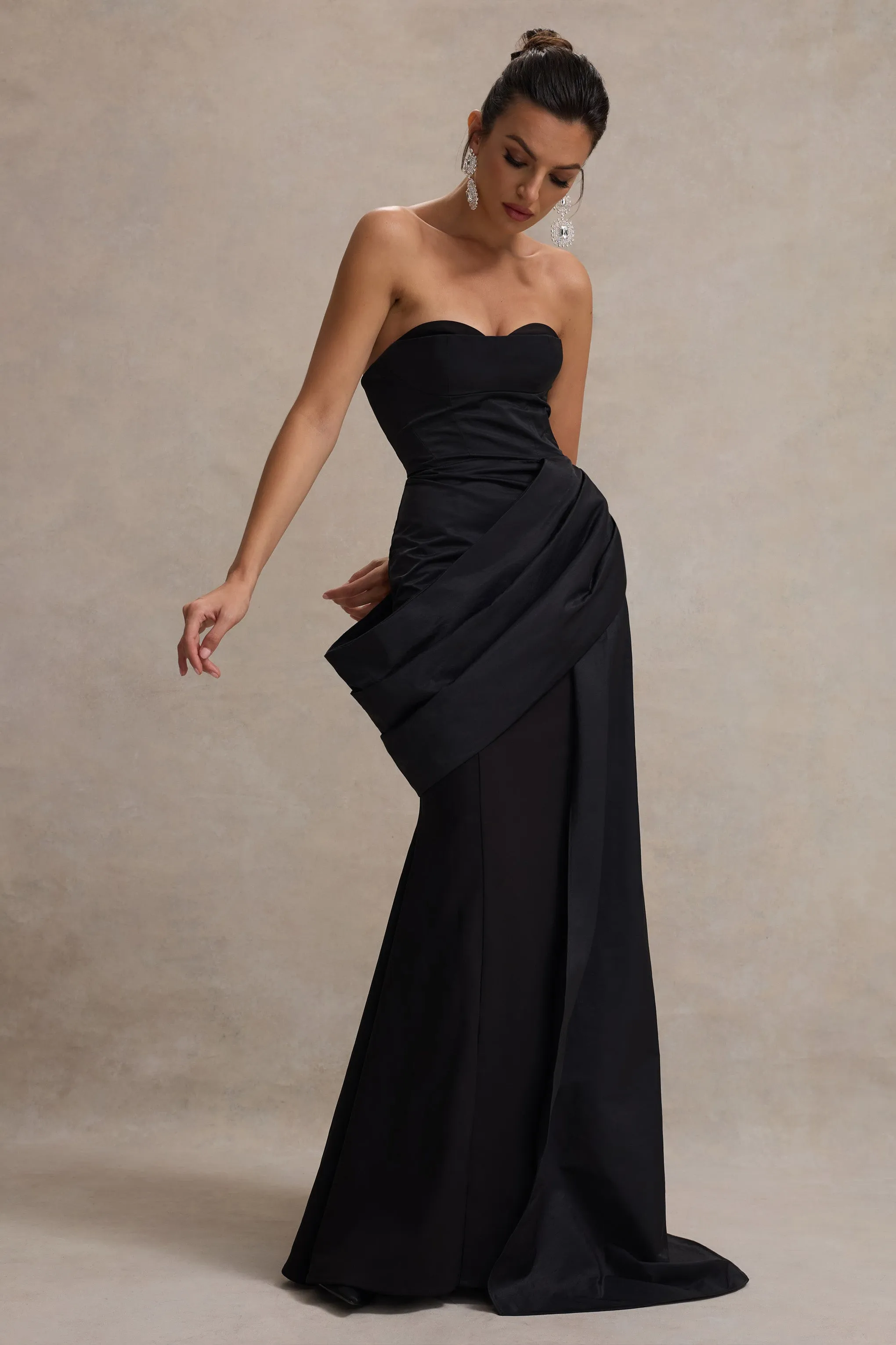 Fallen | Black Strapless Corset Maxi Dress With Drape