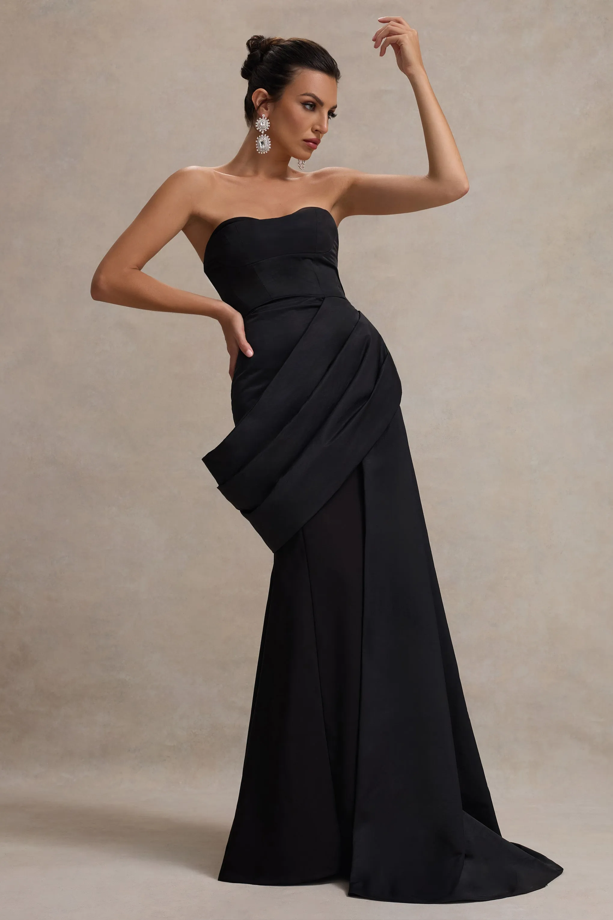 Fallen | Black Strapless Corset Maxi Dress With Drape