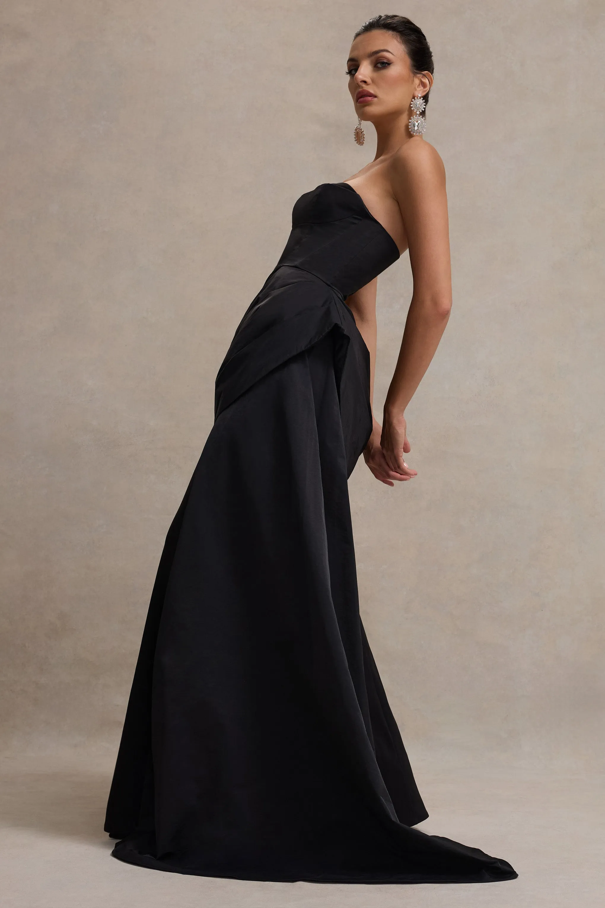 Fallen | Black Strapless Corset Maxi Dress With Drape