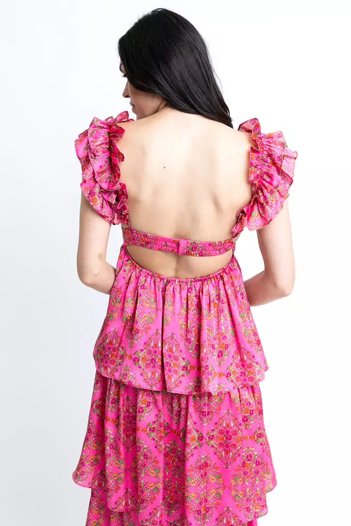 Floral Satin Ruffle Maxi Dress