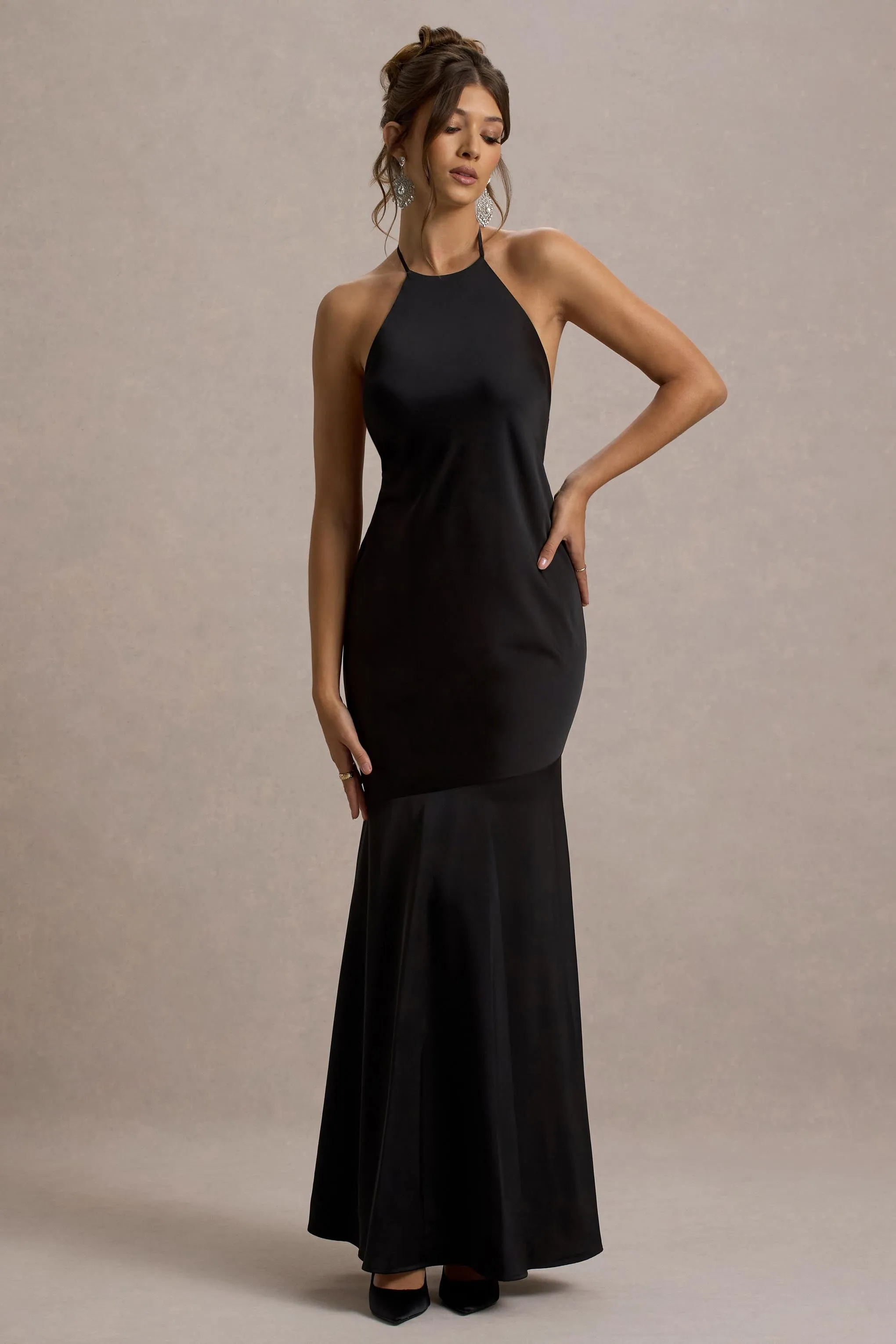 Frida | Black Satin Halter-Neck Backless Maxi Dress