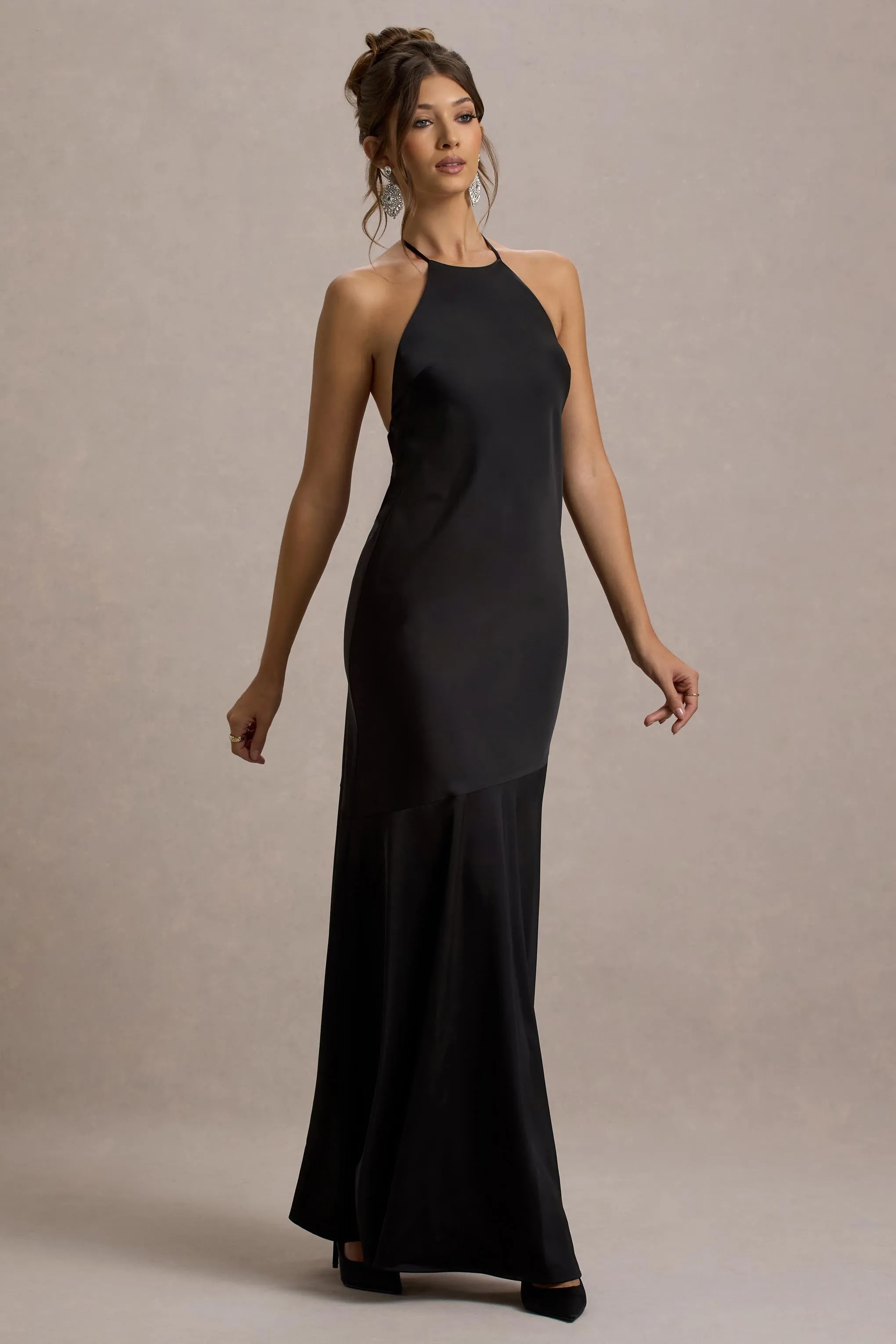 Frida | Black Satin Halter-Neck Backless Maxi Dress