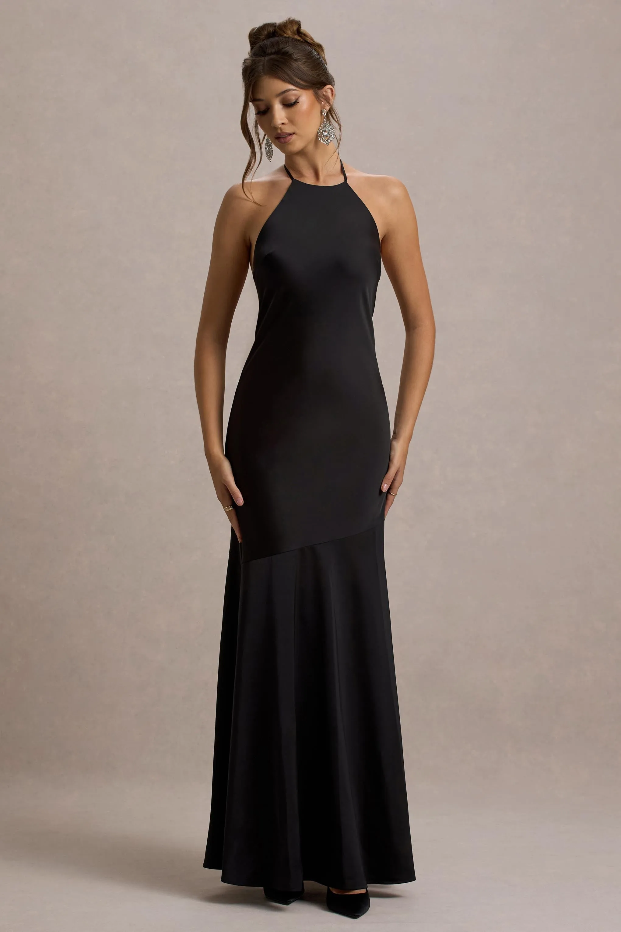 Frida | Black Satin Halter-Neck Backless Maxi Dress