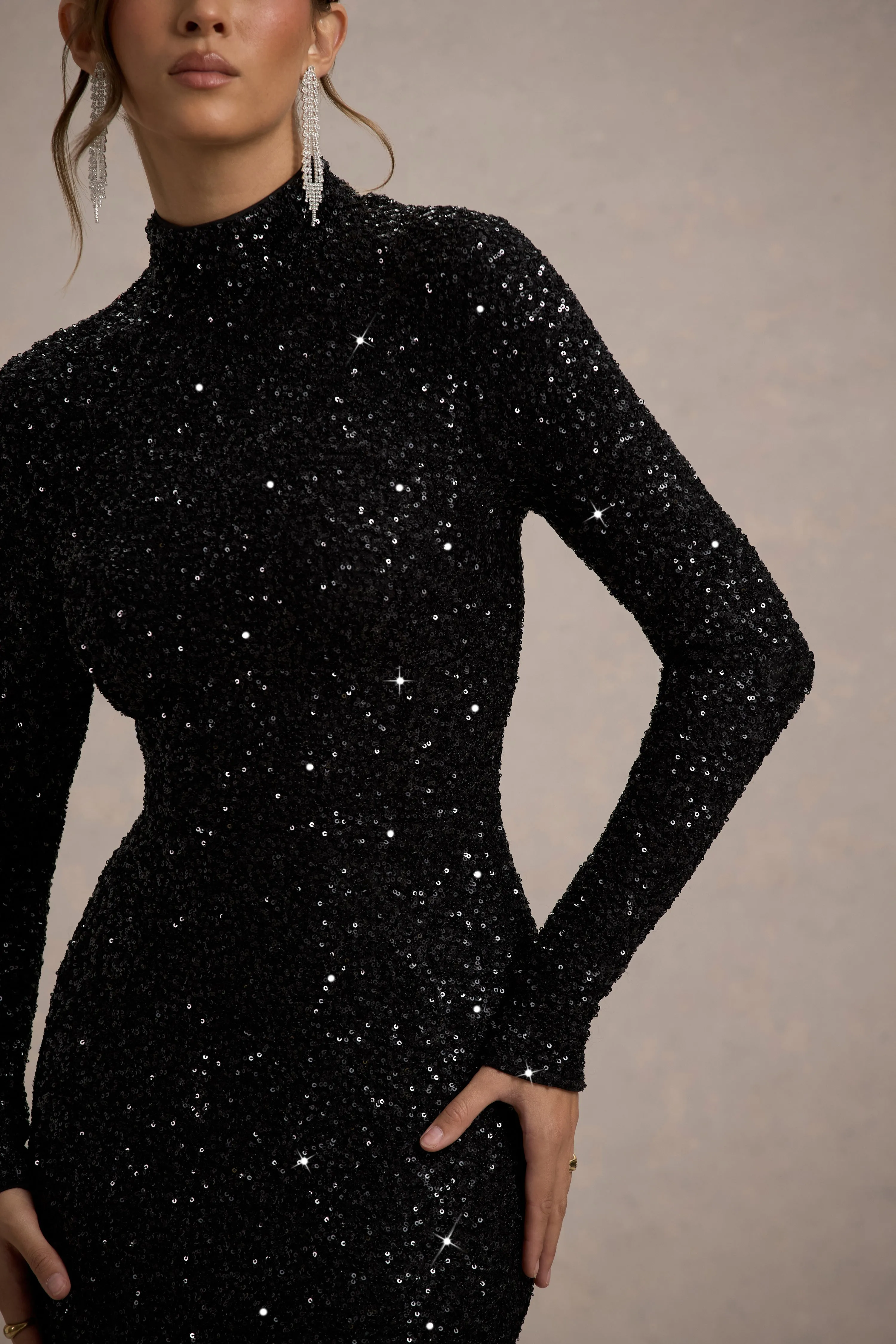 Galaxy | Black Sequin Turtle-Neck Long-Sleeve Maxi Dress