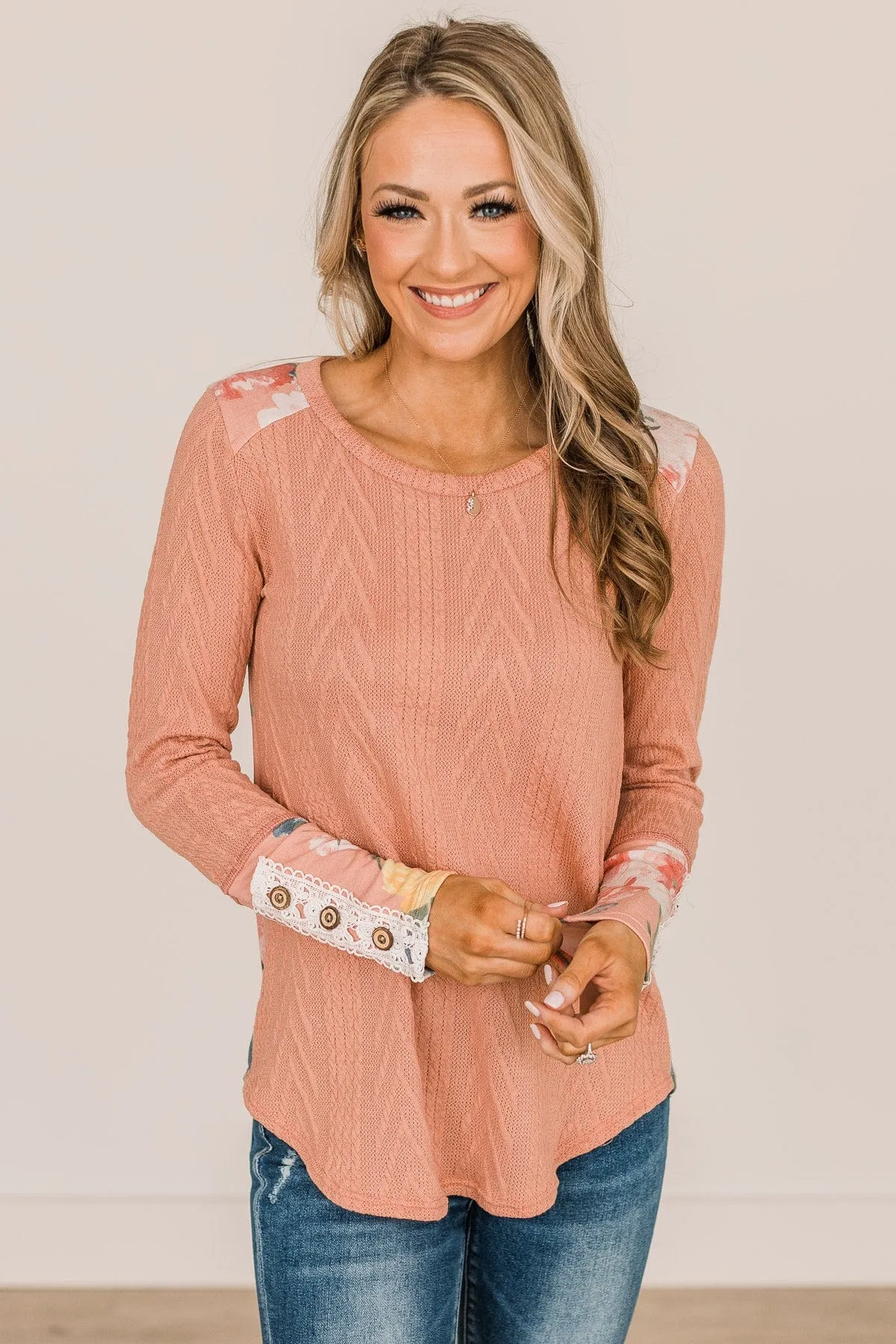 Good News Cable Knit Color Block Top- Peach