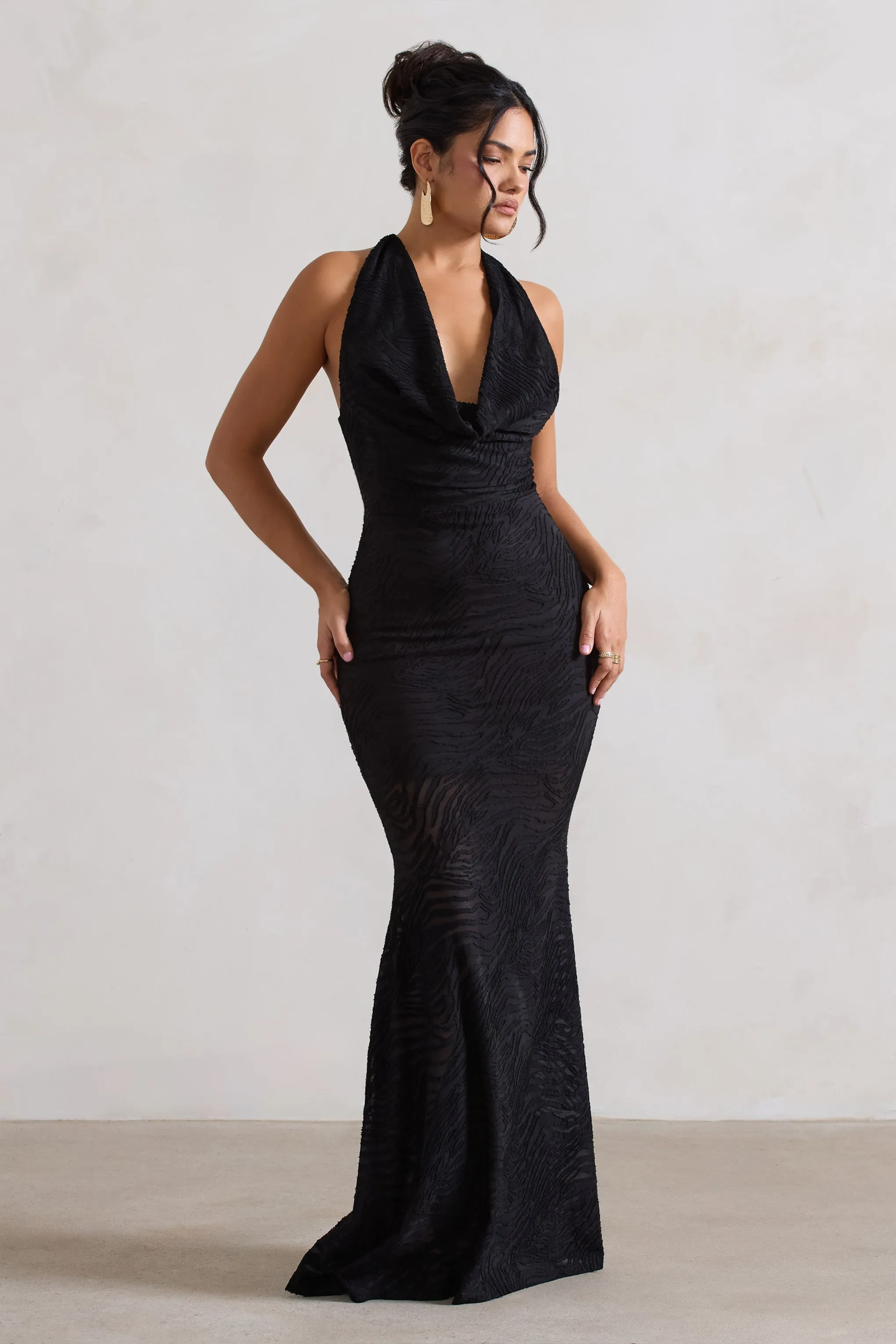 Granada | Black Zebra Print Cowl-Neck Fishtail Maxi Dress