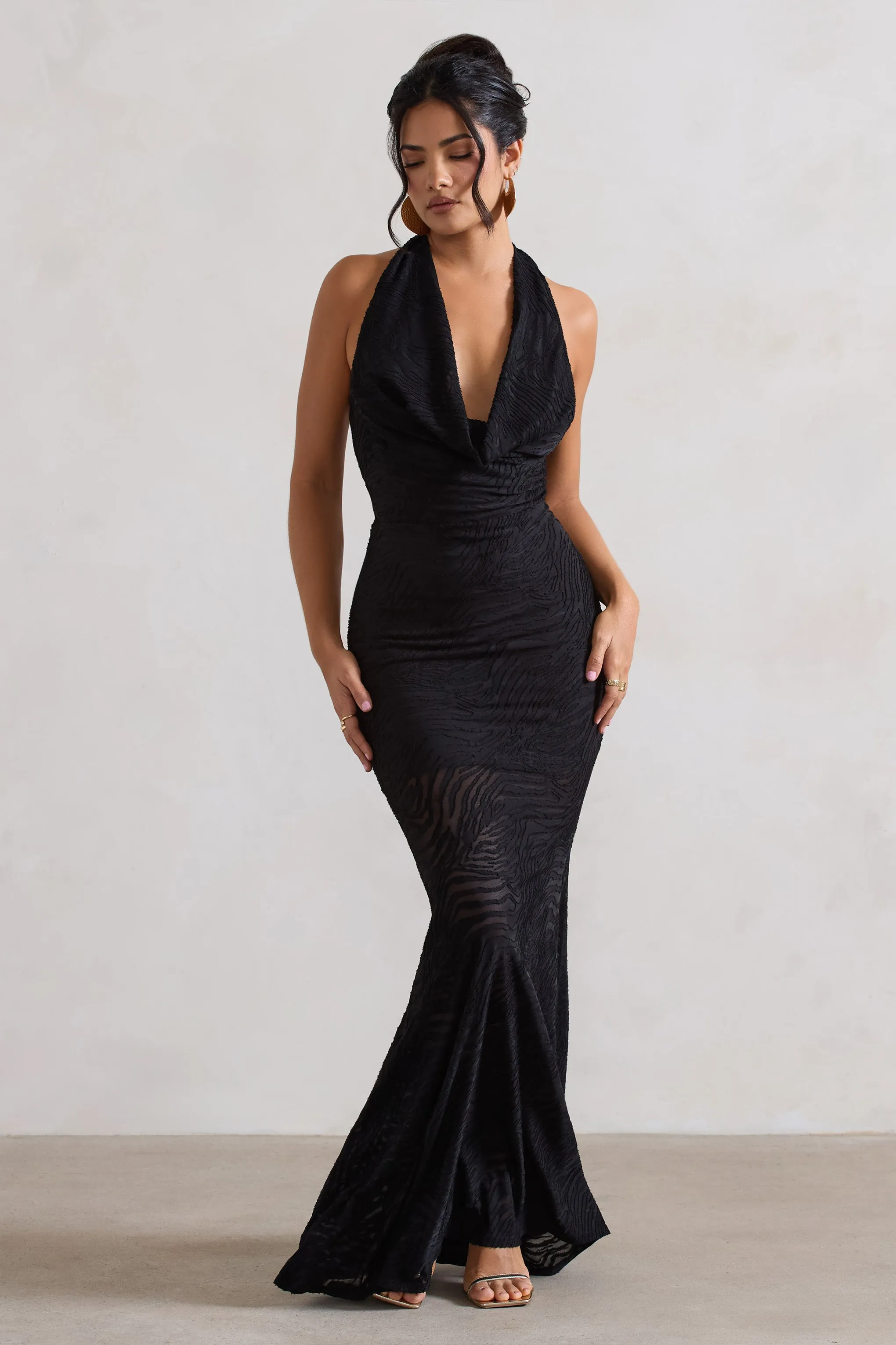 Granada | Black Zebra Print Cowl-Neck Fishtail Maxi Dress