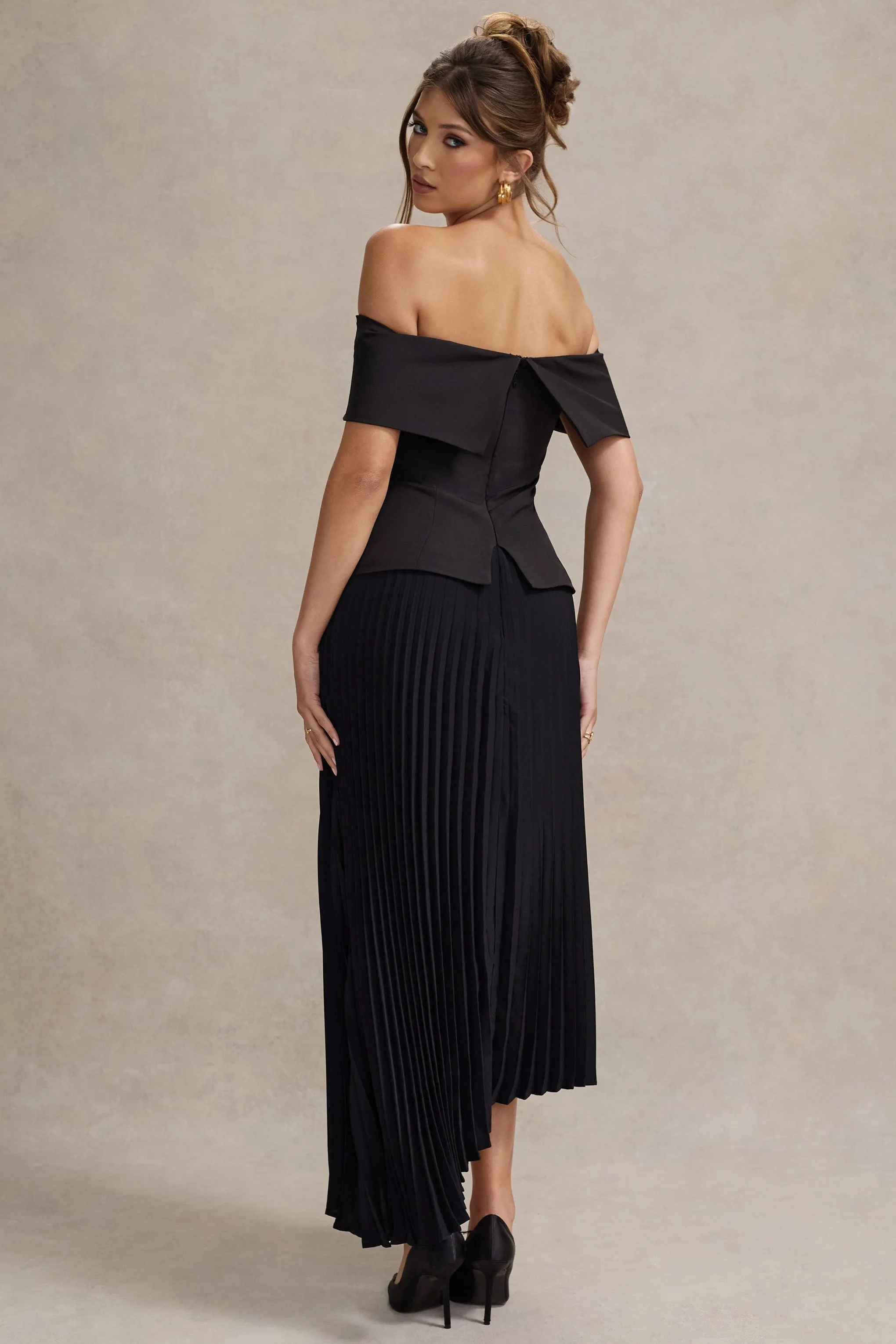 Hattie | Black Bardot Tailored Maxi Dress With Plisse Skirt