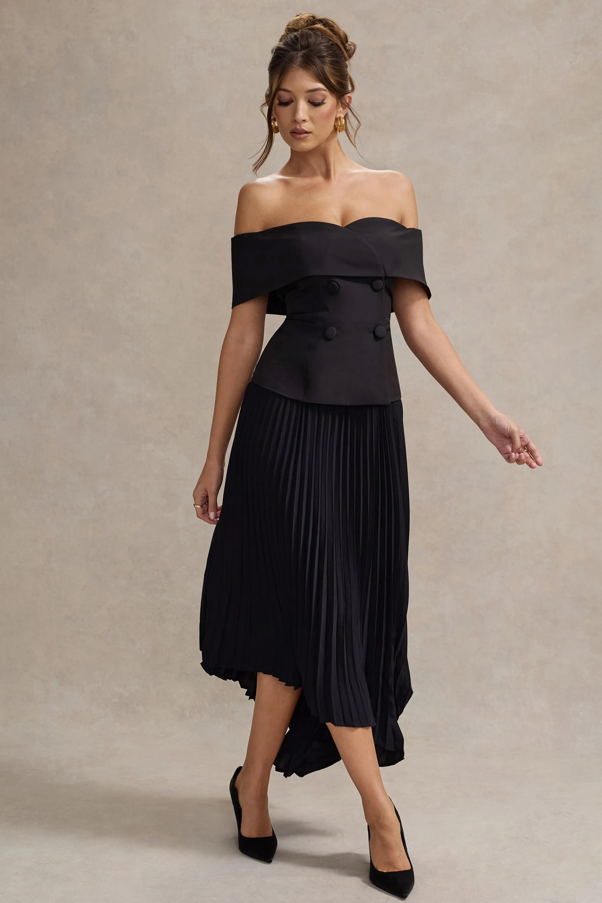 Hattie | Black Bardot Tailored Maxi Dress With Plisse Skirt