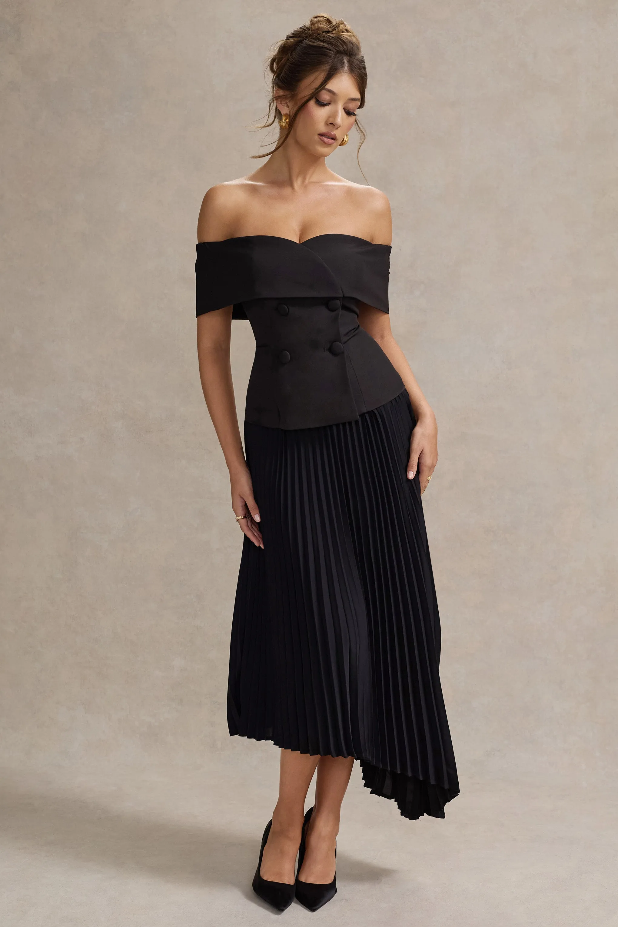 Hattie | Black Bardot Tailored Maxi Dress With Plisse Skirt