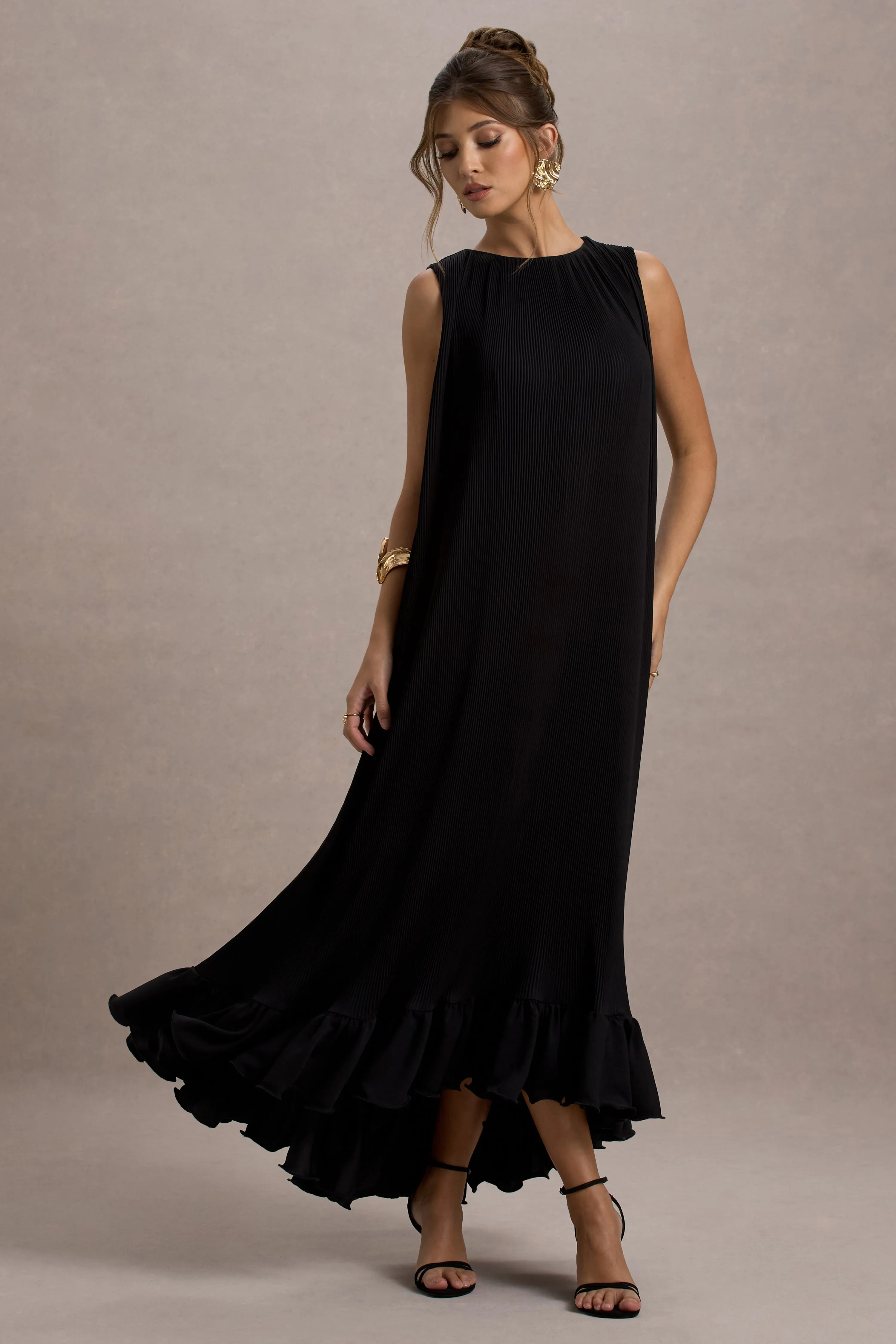 Hazelle | Black Chiffon A-Line Ruffled Maxi Dress