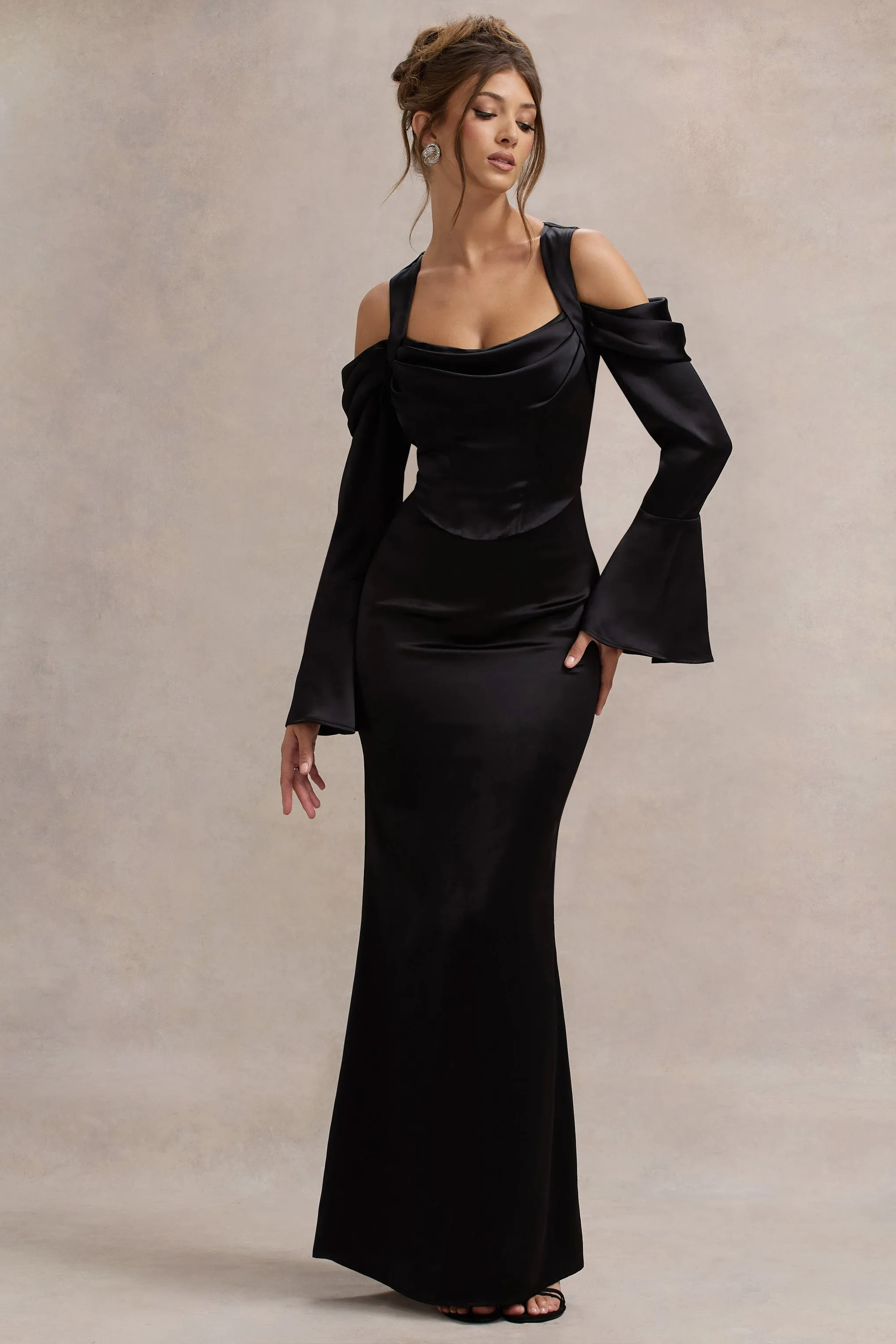 Heartthrob | Black Satin Draped Bardot Maxi Dress