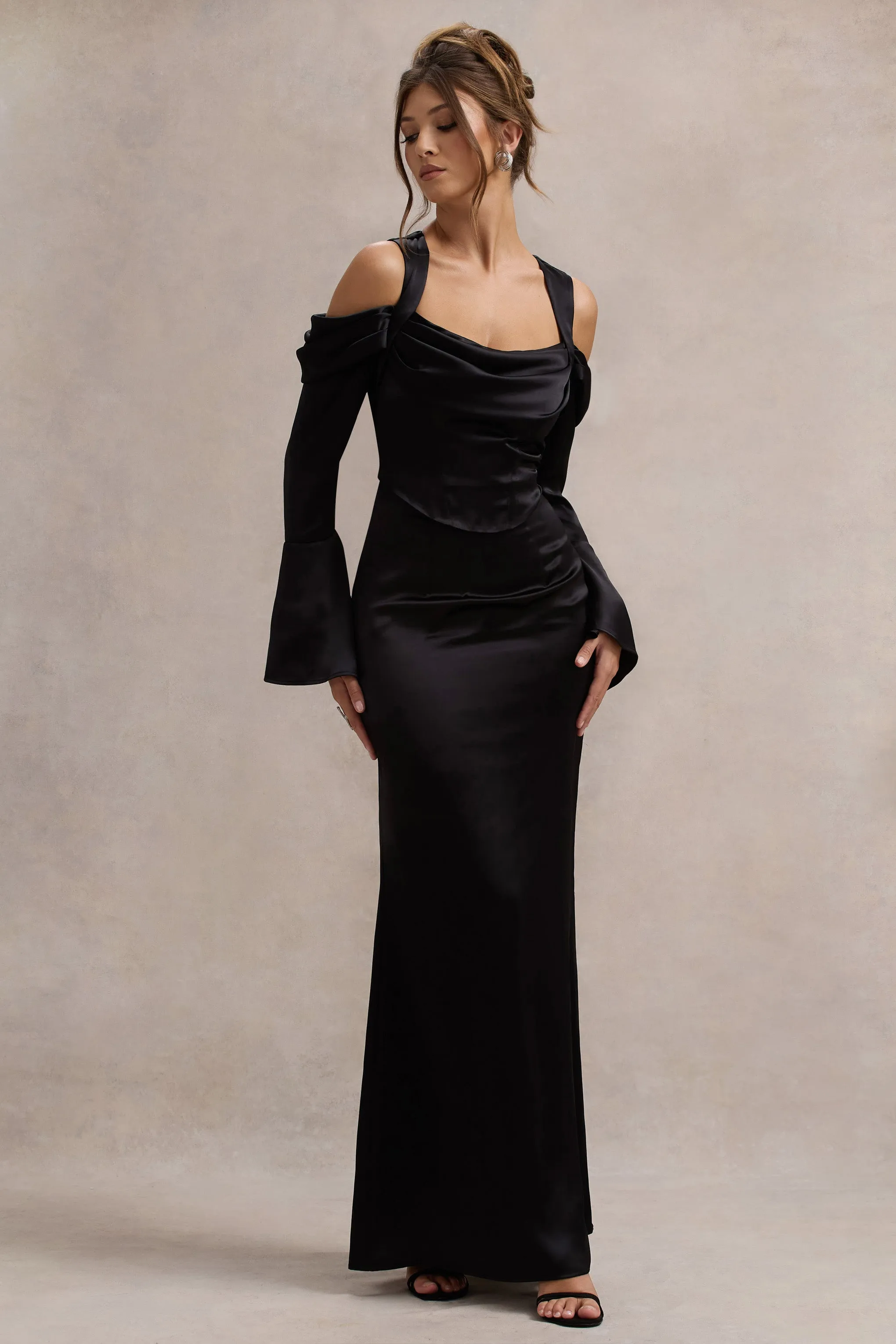 Heartthrob | Black Satin Draped Bardot Maxi Dress