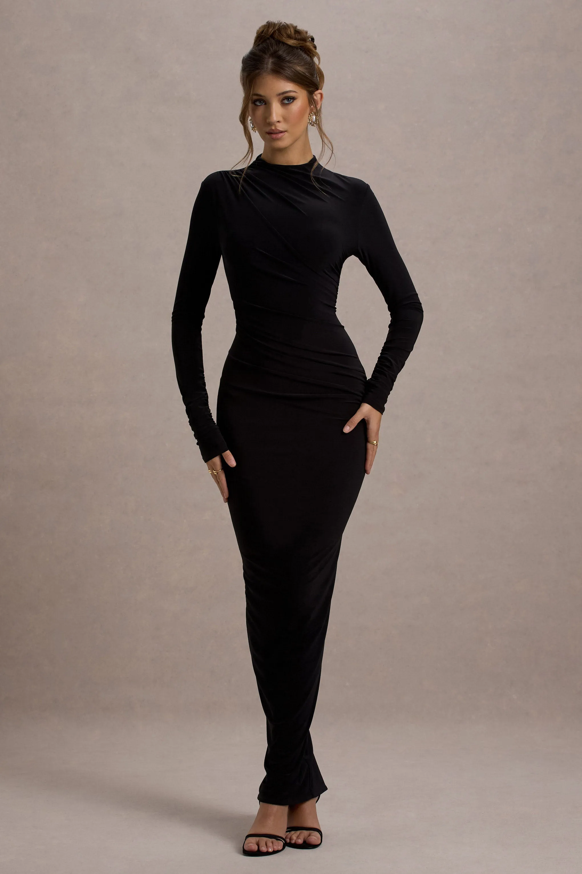 Hespera | Black High-Neck Long-Sleeve Gathered Maxi Dress